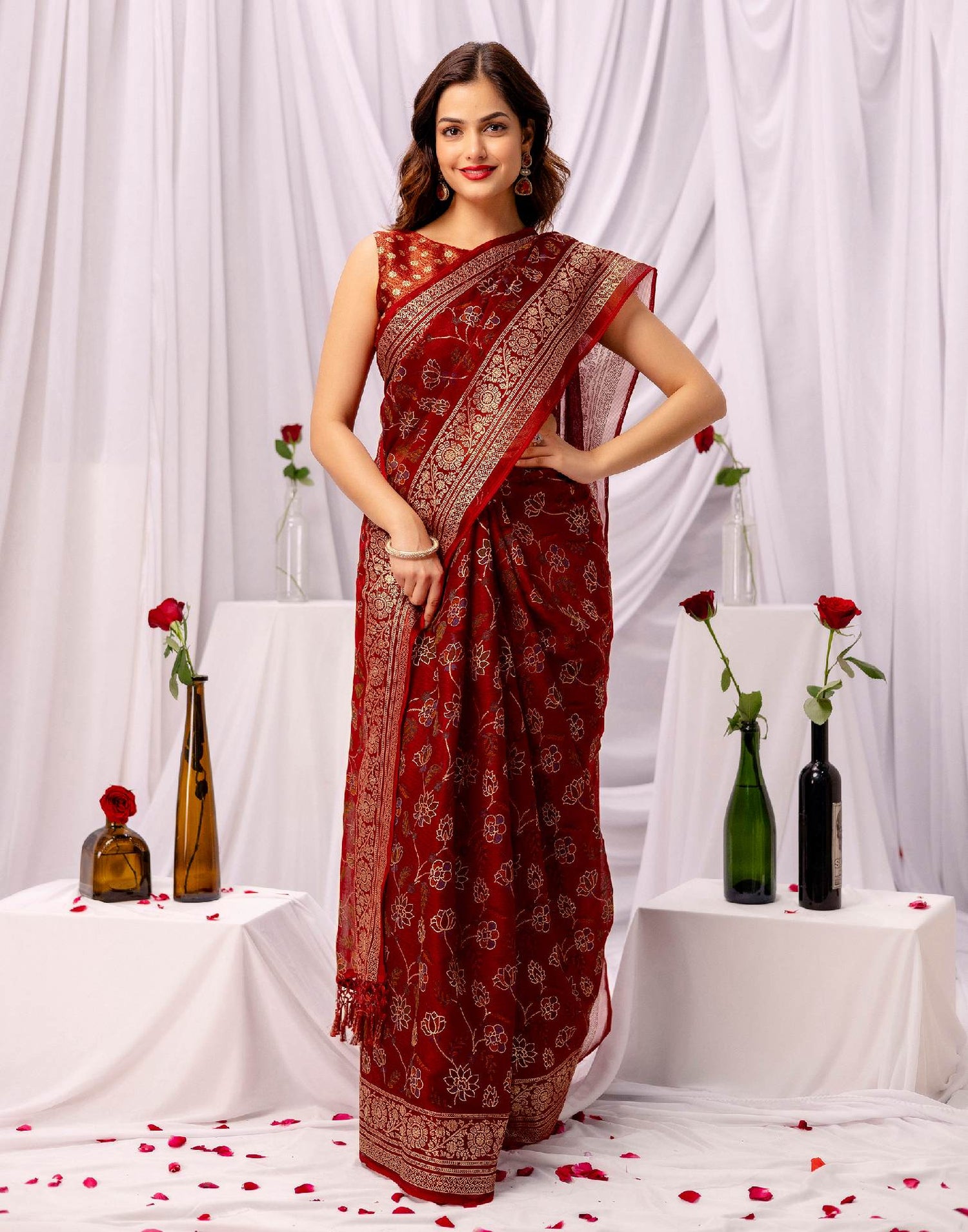 Maroon Chiffon Printed Foil Printed Saree