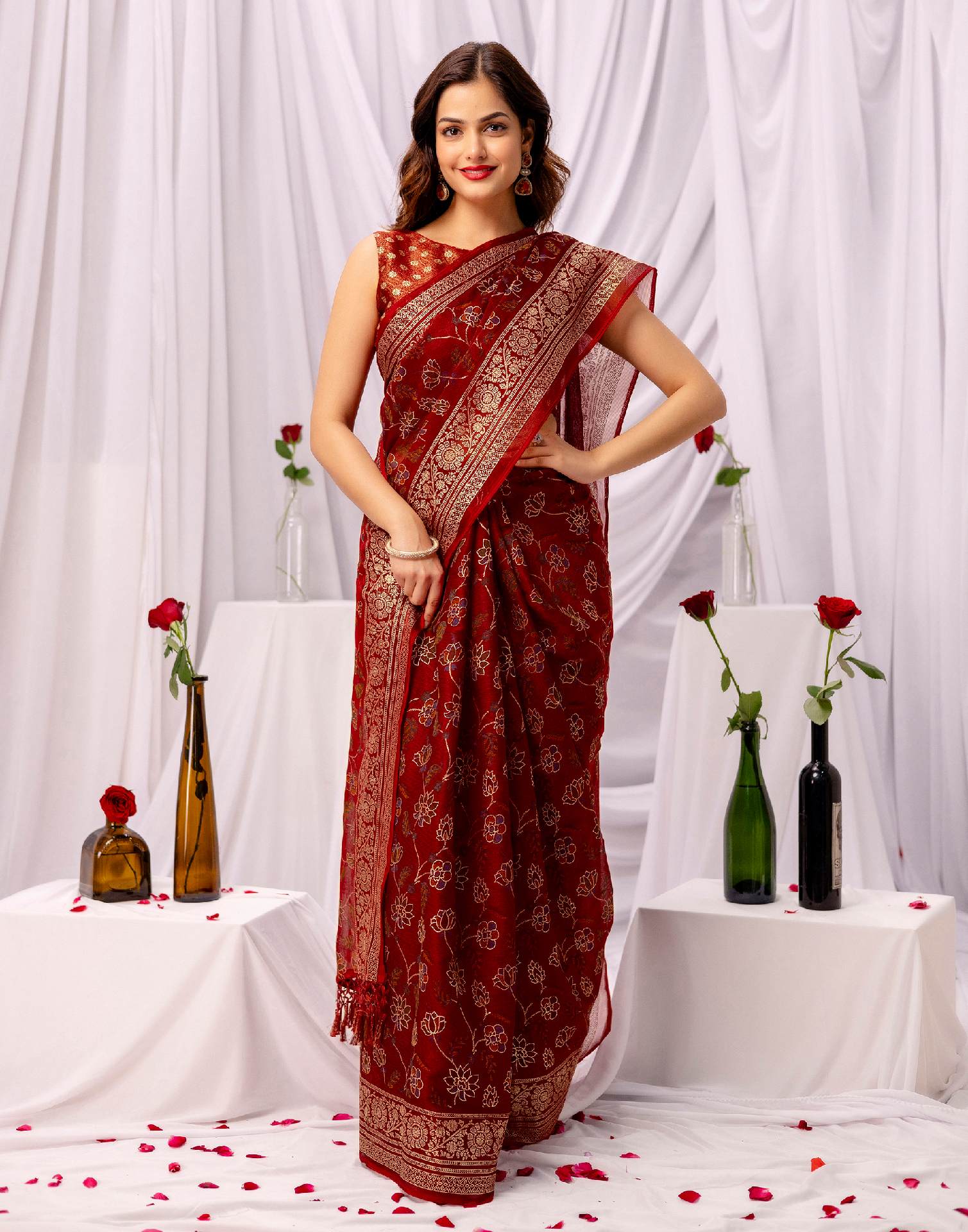 Maroon Chiffon Printed Foil Printed Saree