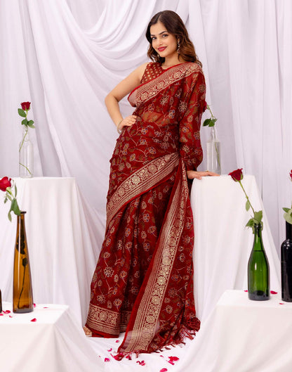Maroon Chiffon Printed Foil Printed Saree