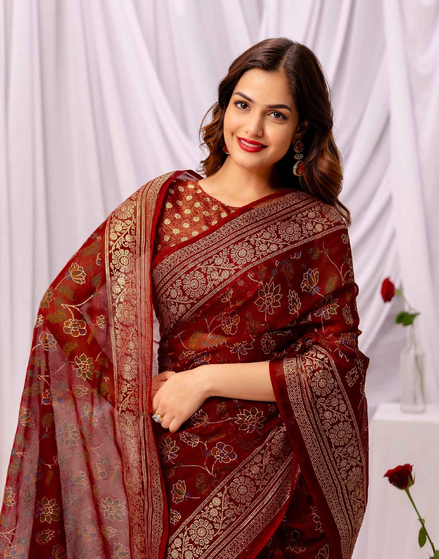Maroon Chiffon Printed Foil Printed Saree