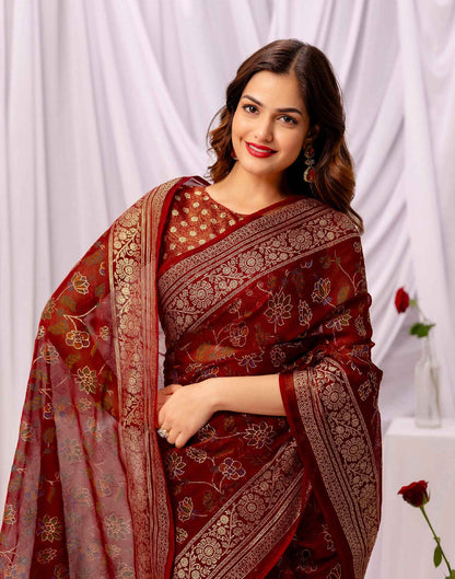 Maroon Chiffon Printed Foil Printed Saree