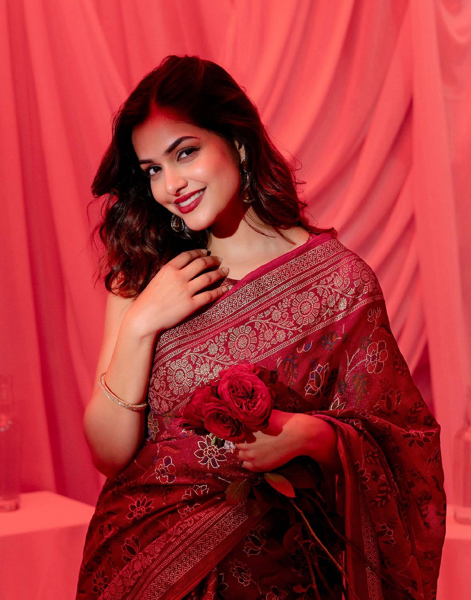 Maroon Chiffon Printed Foil Printed Saree