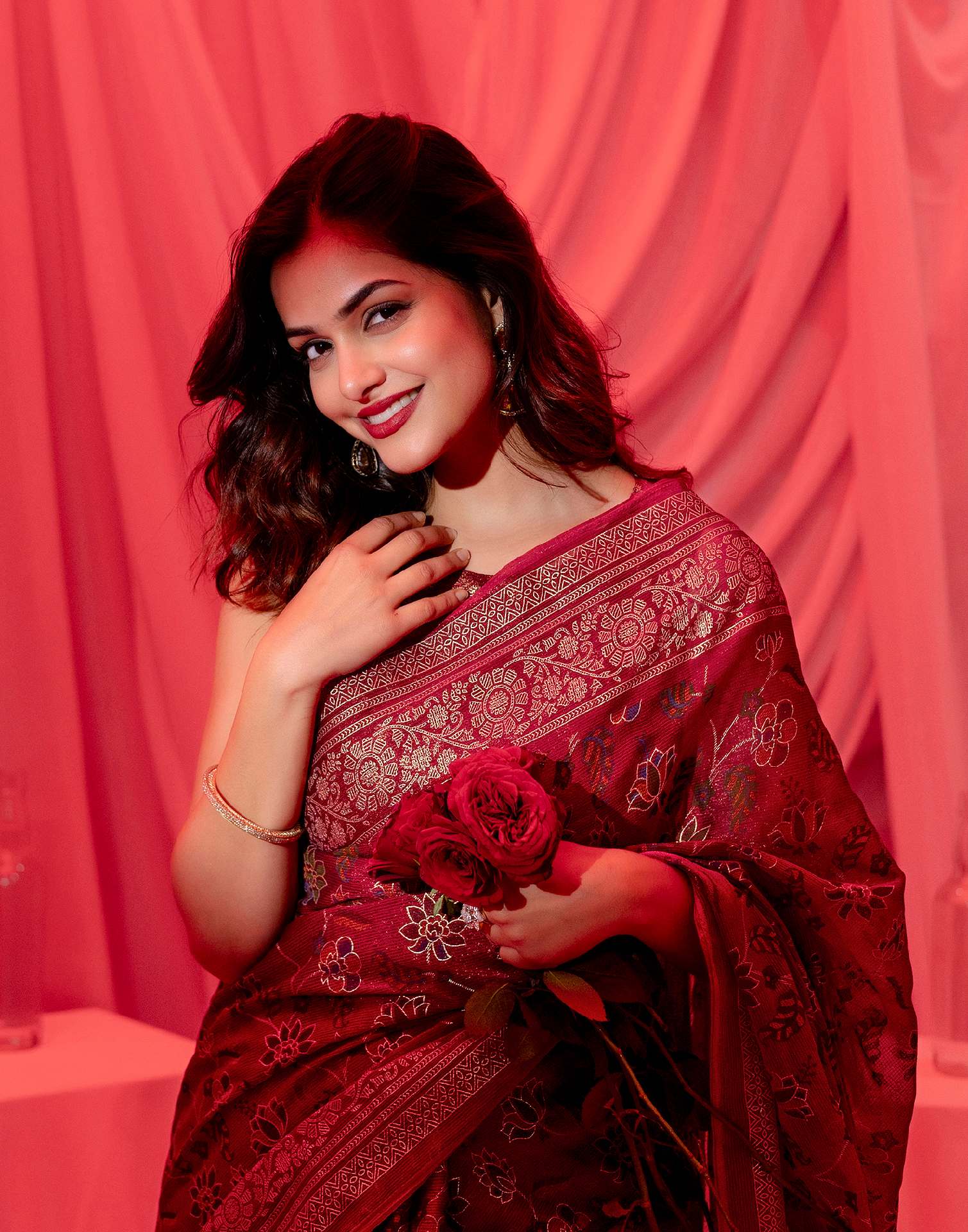 Maroon Chiffon Printed Foil Printed Saree
