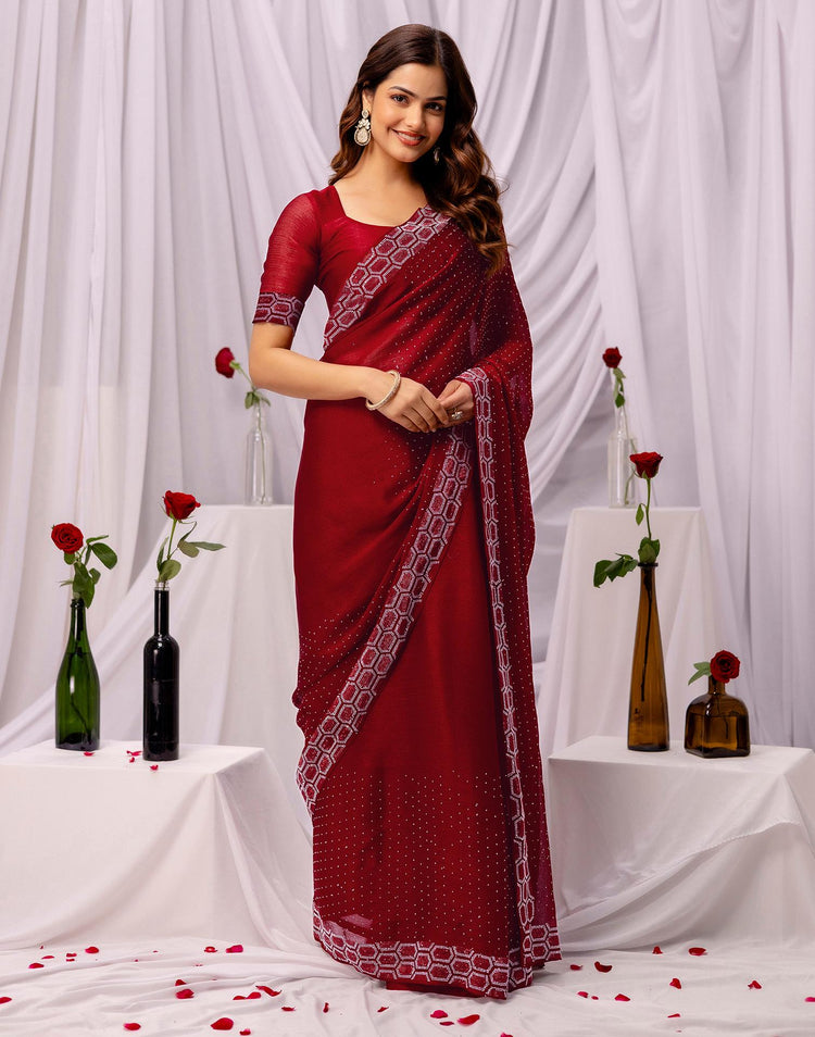 Maroon Chiffon Stone Work Swarovski Saree