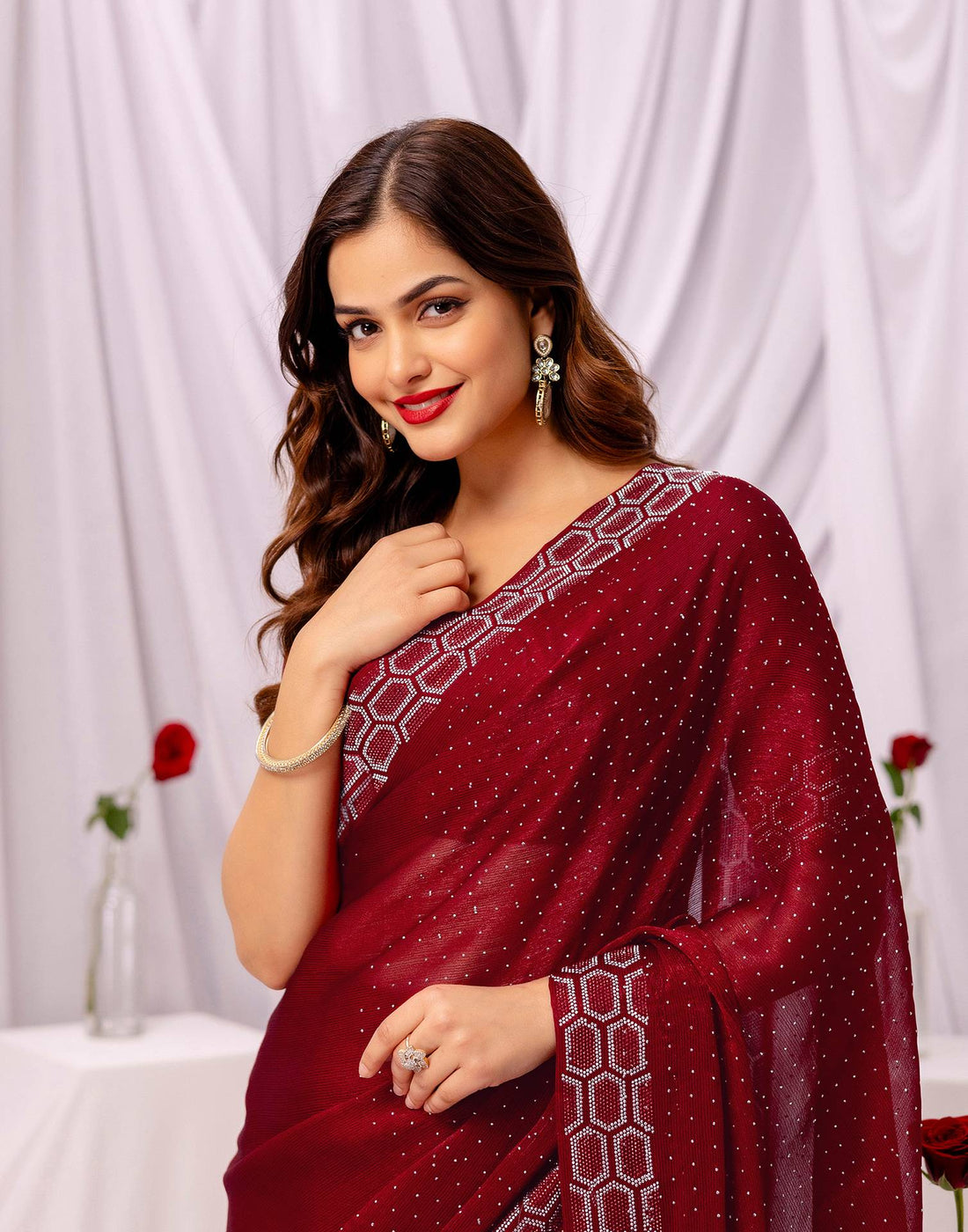 Maroon Chiffon Stone Work Swarovski Saree