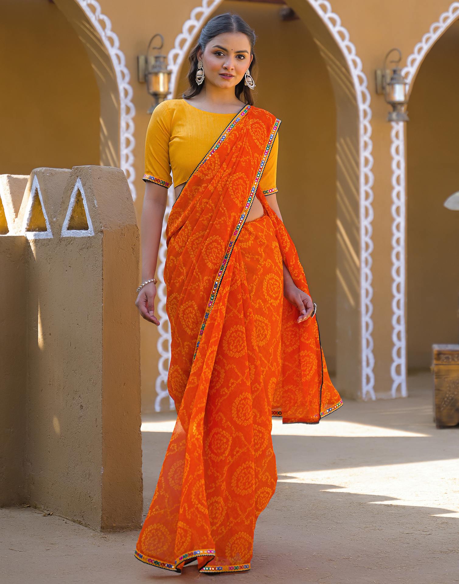 Orange Georgette Printed Bandhani Saree