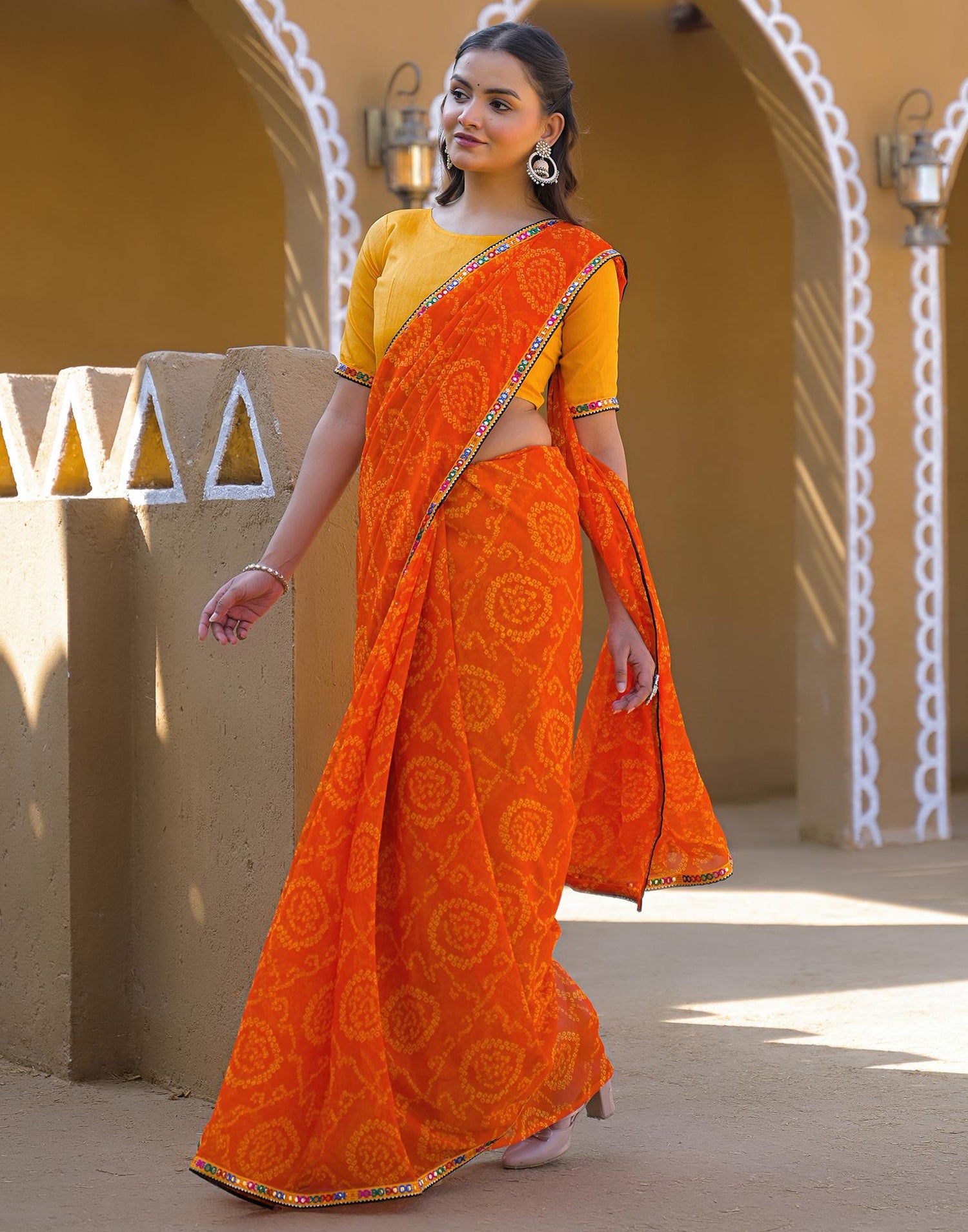 Orange Georgette Printed Bandhani Saree