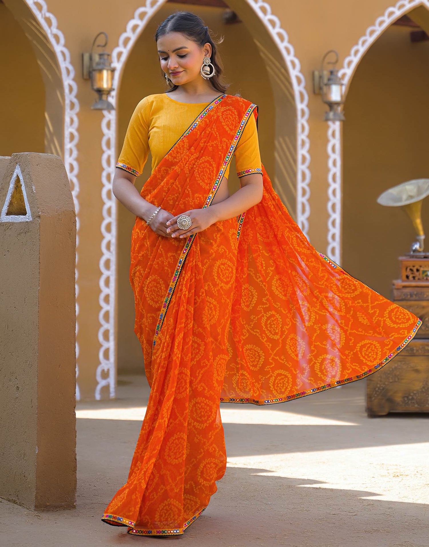 Orange Georgette Printed Bandhani Saree