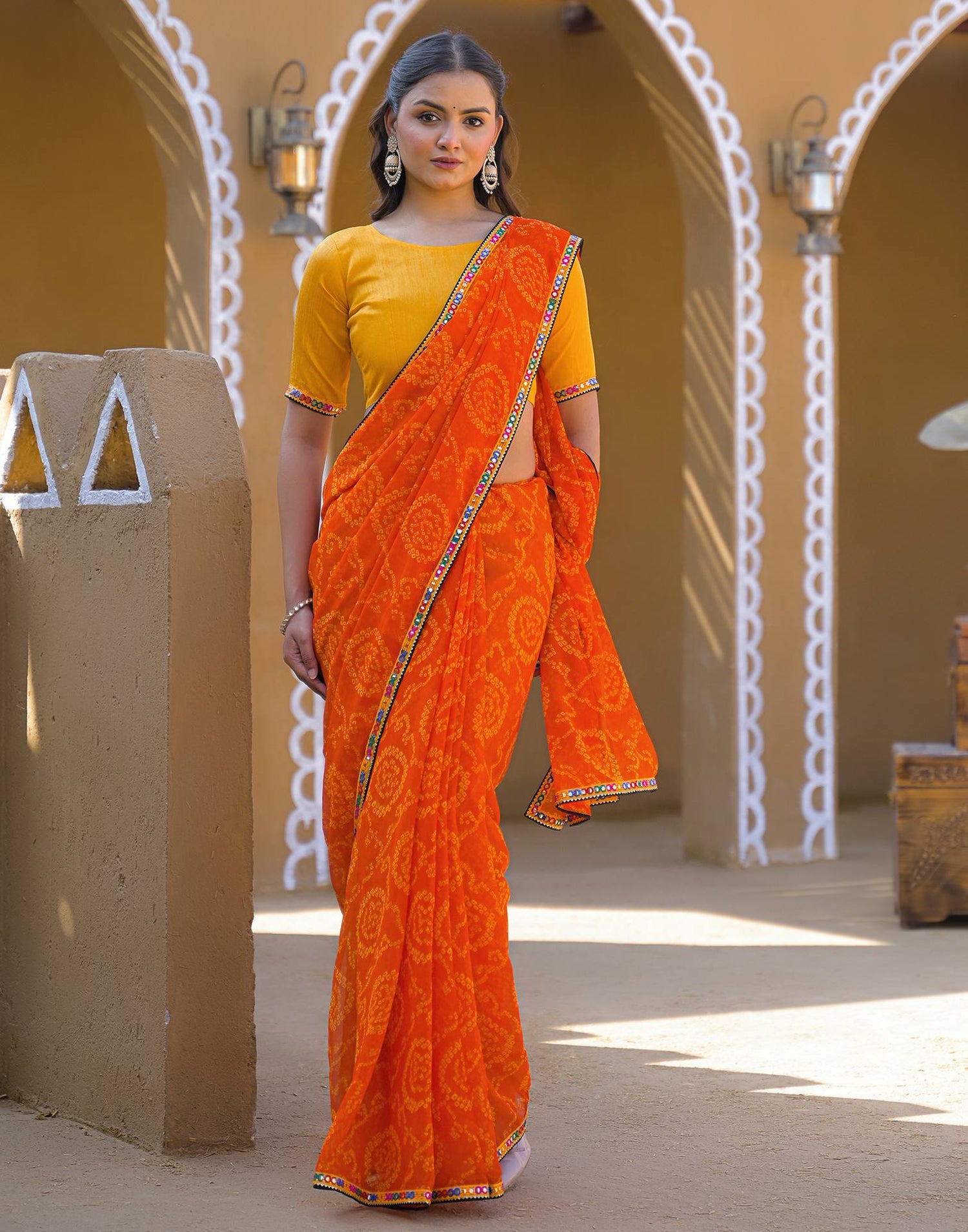 Orange Georgette Printed Bandhani Saree