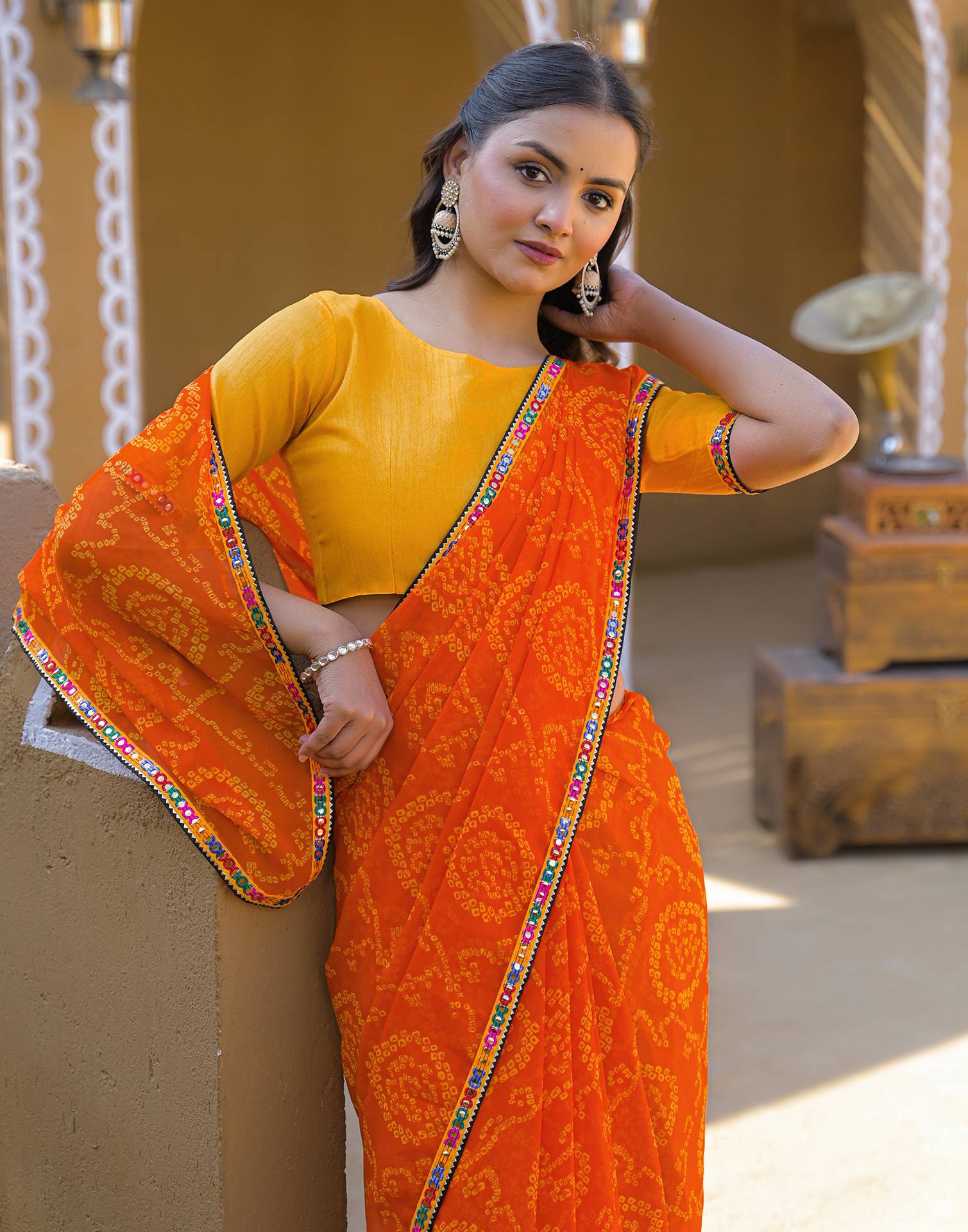 Orange Georgette Printed Bandhani Saree