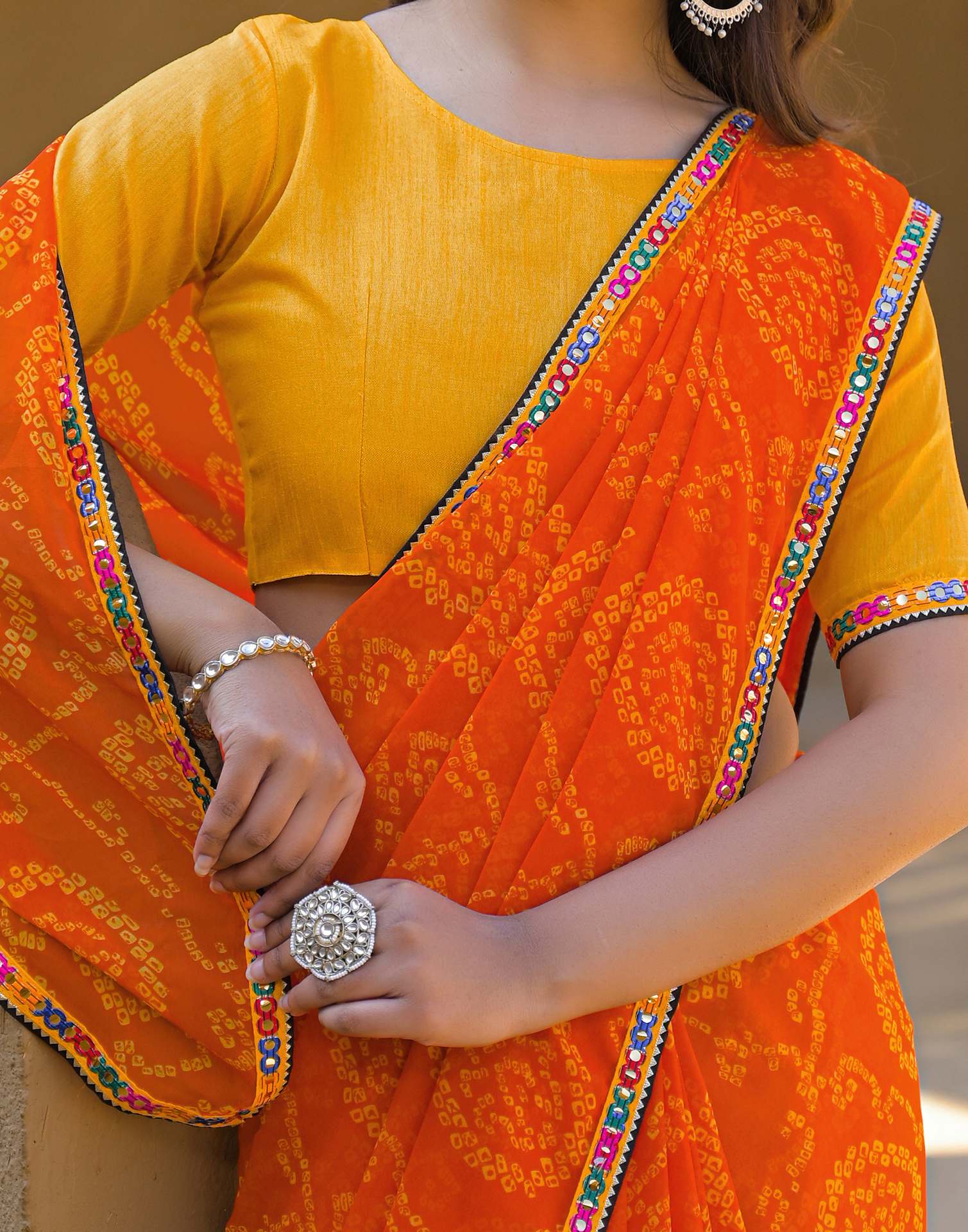Orange Georgette Printed Bandhani Saree