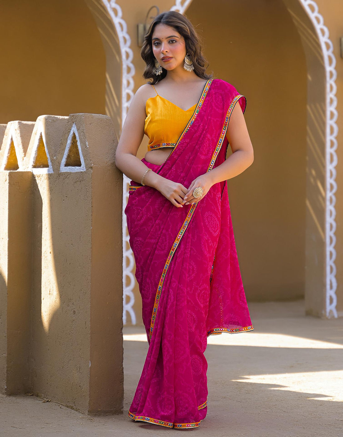 Rani Pink Georgette Printed Bandhani Saree