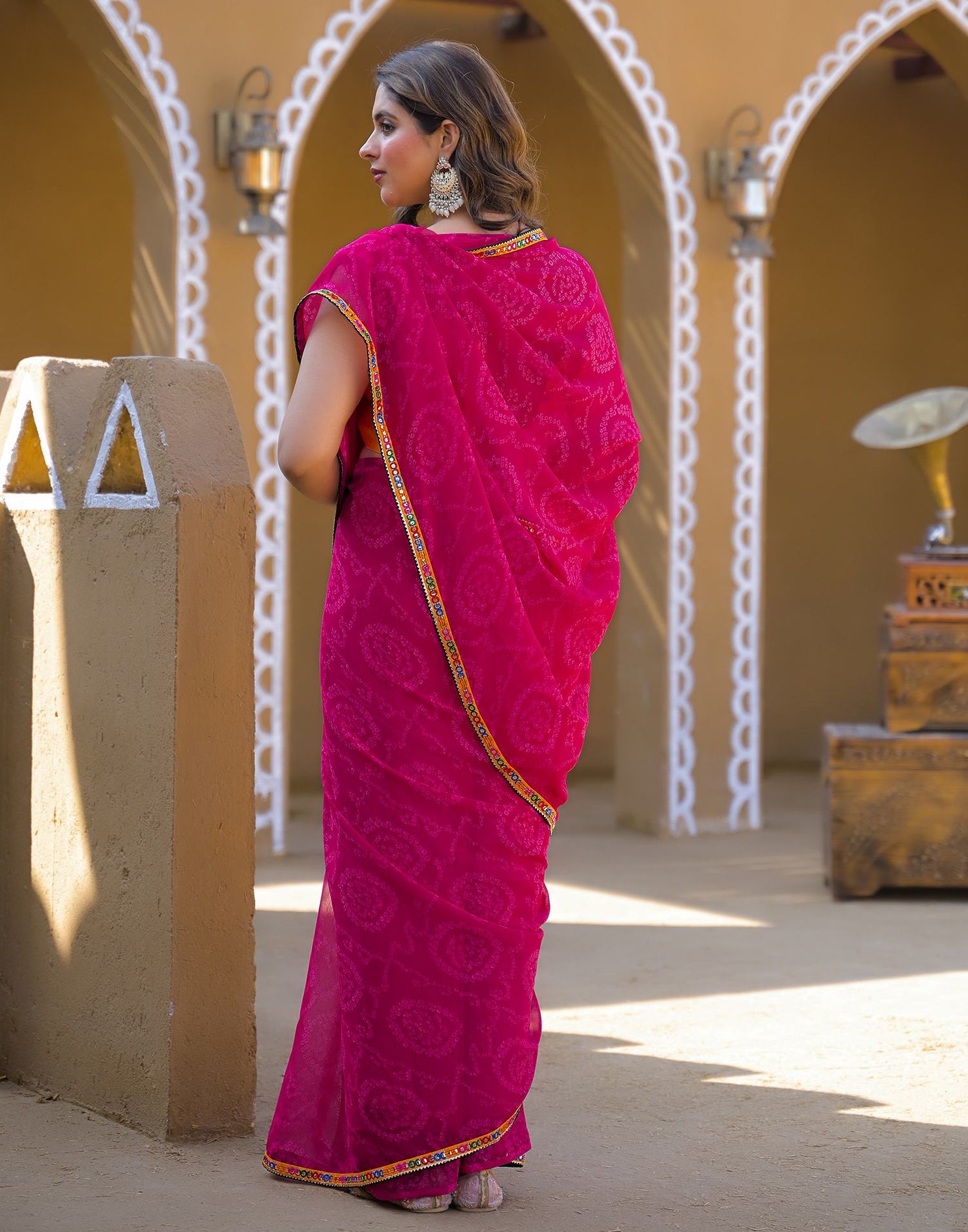 Rani Pink Georgette Printed Bandhani Saree