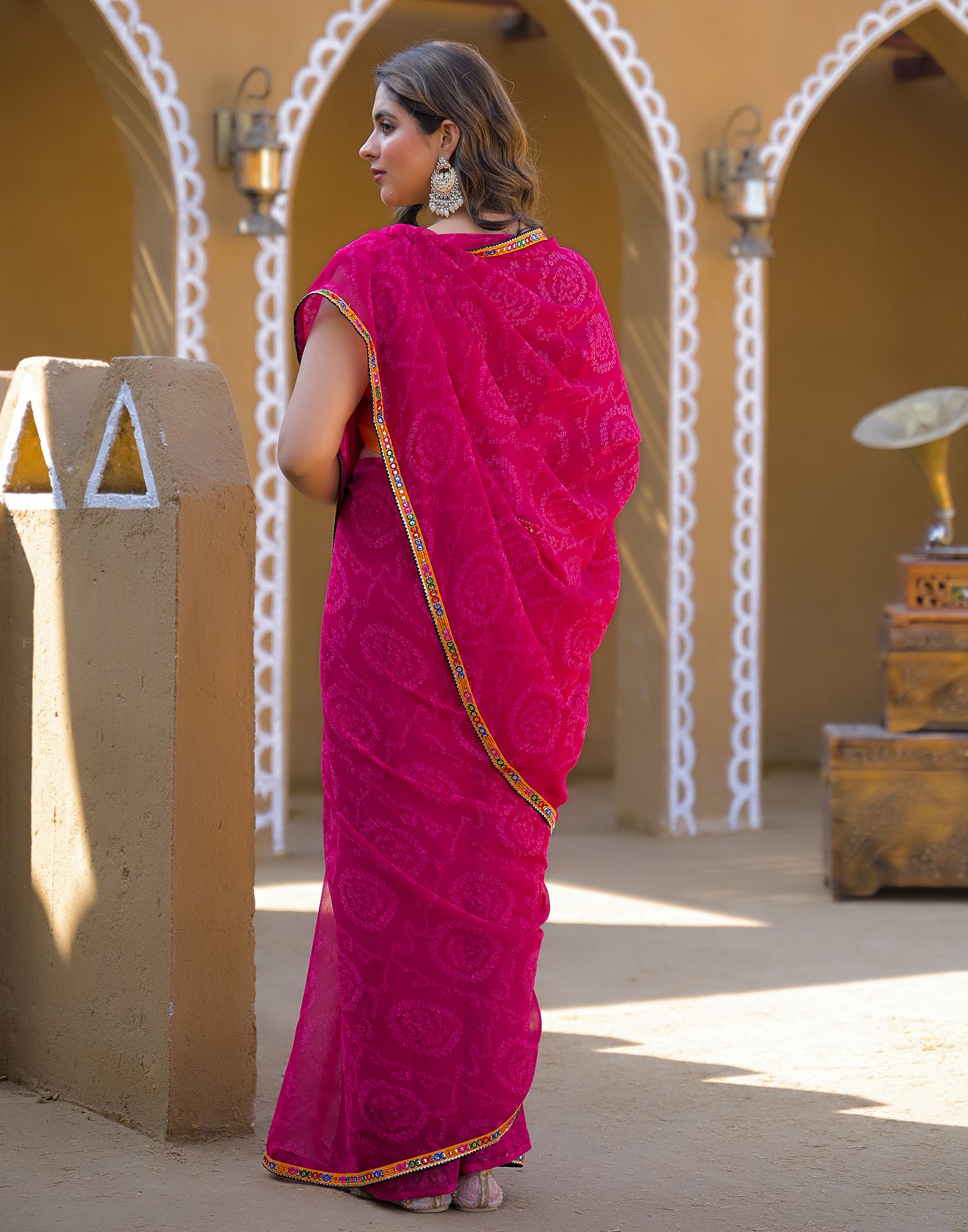 Rani Pink Georgette Printed Bandhani Saree