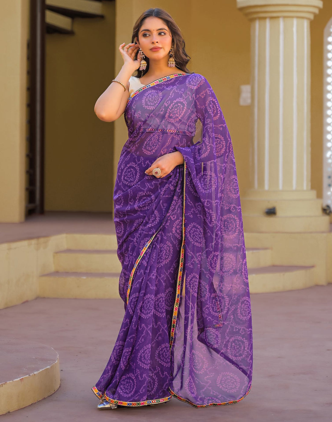 Purple Georgette Printed Bandhani Saree