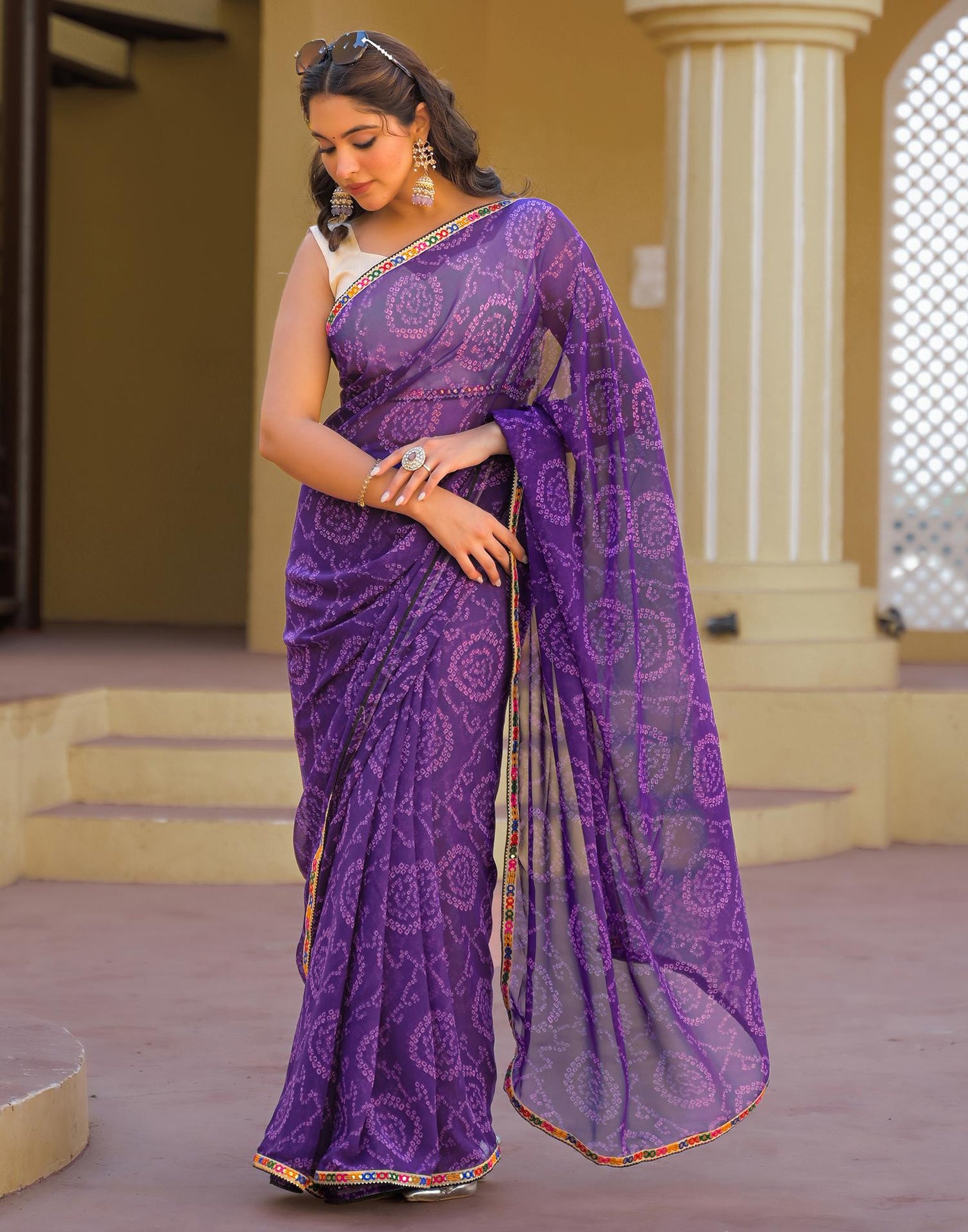 Purple Georgette Printed Bandhani Saree