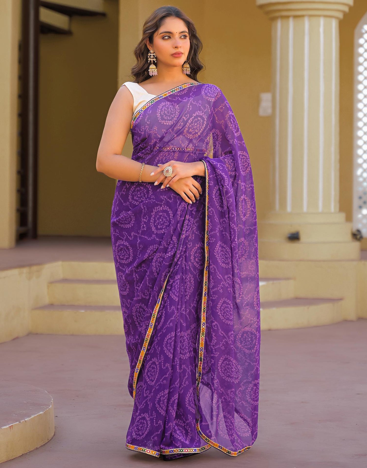 Purple Georgette Printed Bandhani Saree