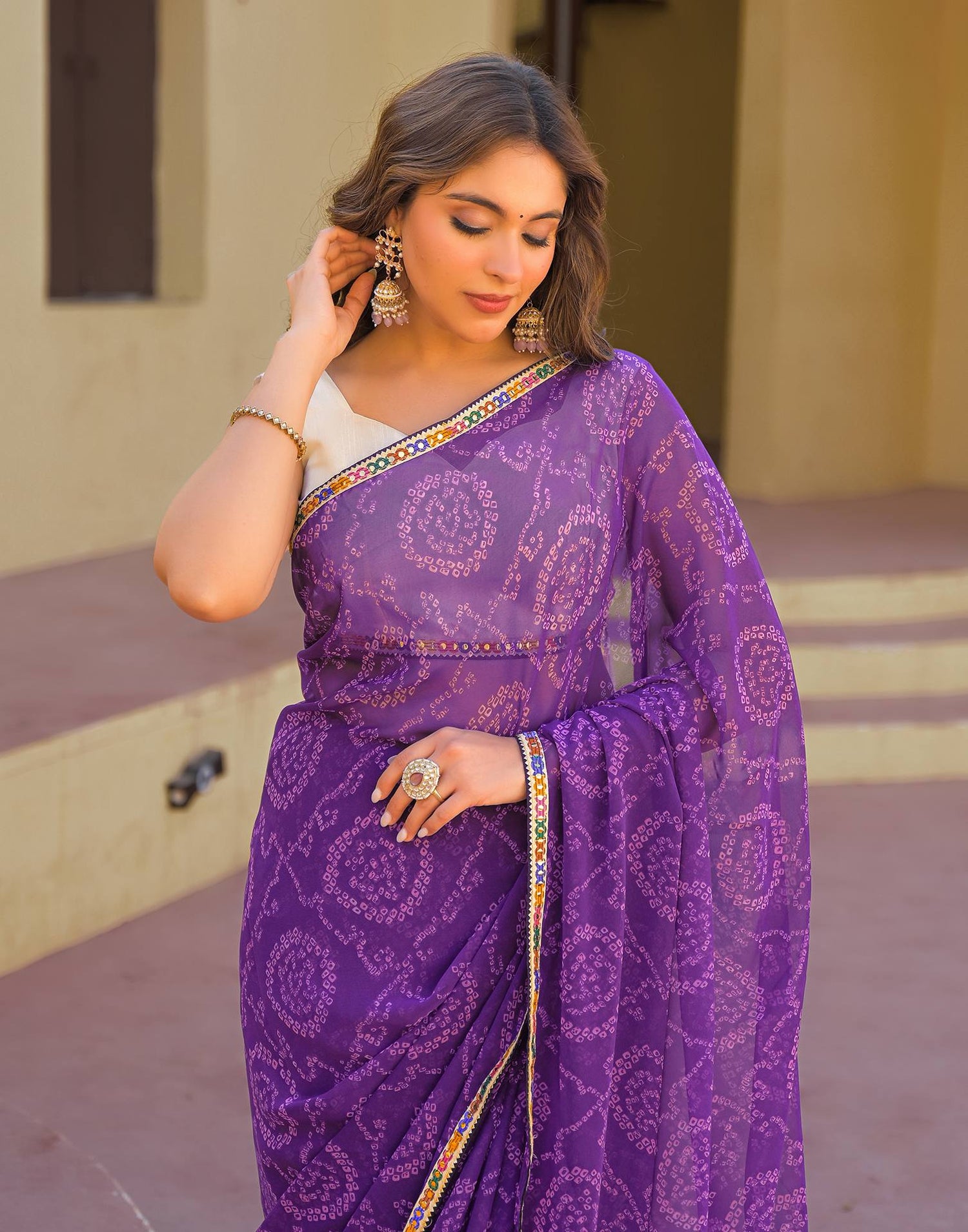 Purple Georgette Printed Bandhani Saree