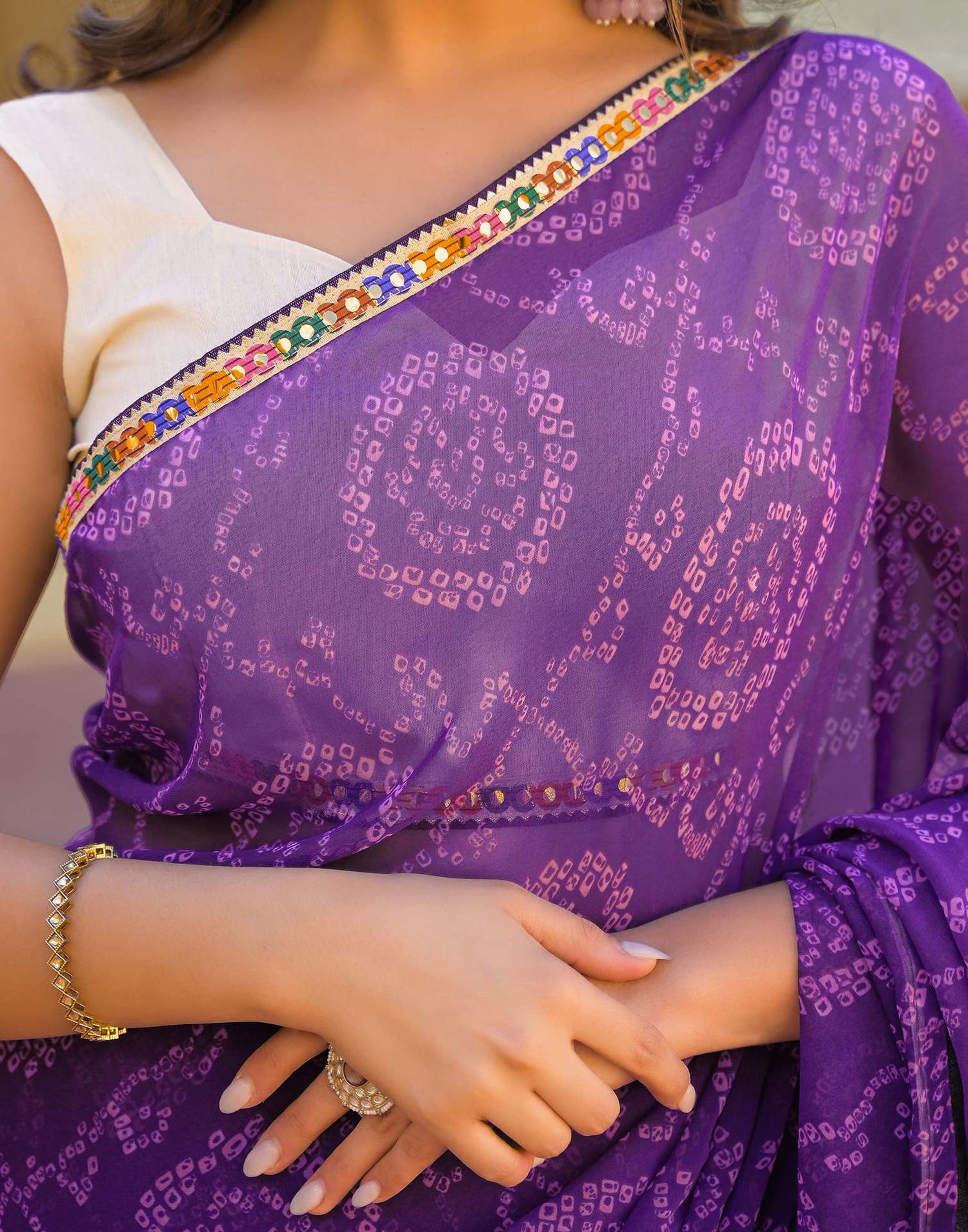 Purple Georgette Printed Bandhani Saree