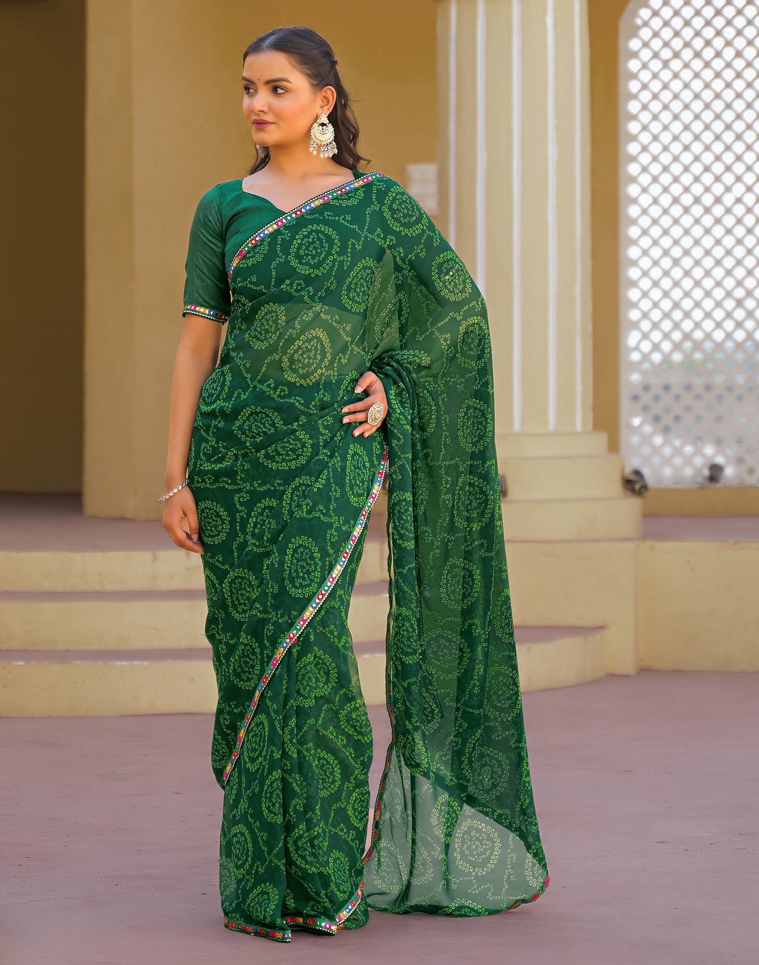 Dark Green Georgette Printed Bandhani Saree