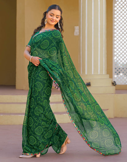 Dark Green Georgette Printed Bandhani Saree