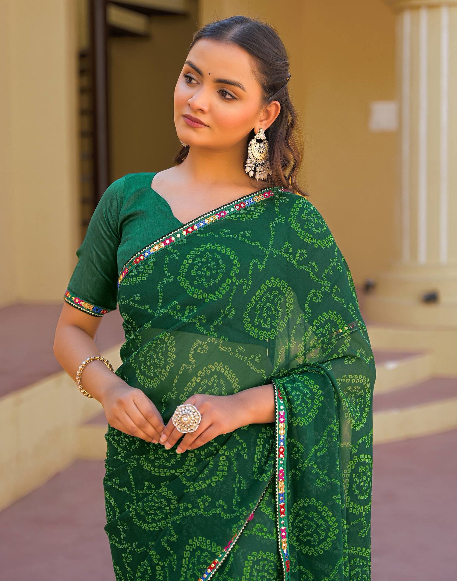 Dark Green Georgette Printed Bandhani Saree