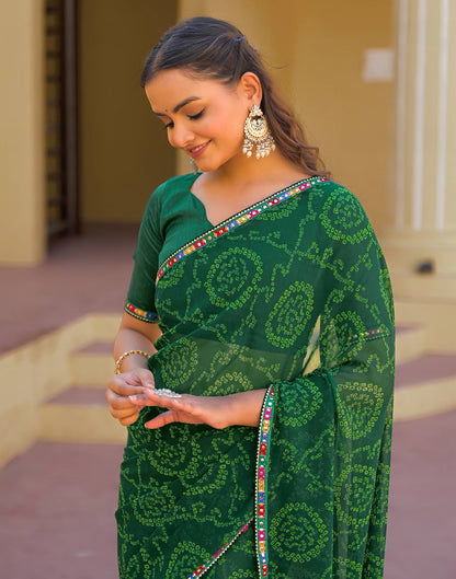 Dark Green Georgette Printed Bandhani Saree