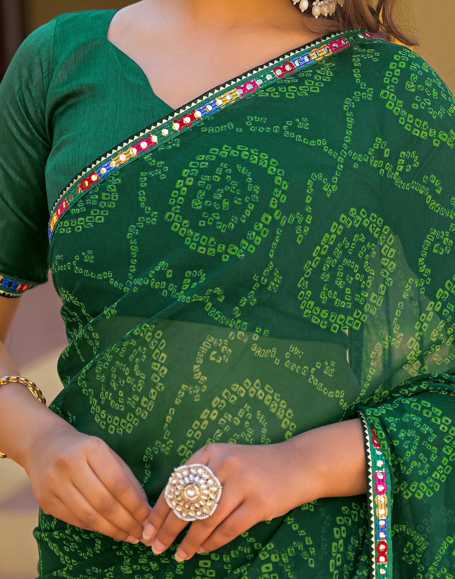 Dark Green Georgette Printed Bandhani Saree