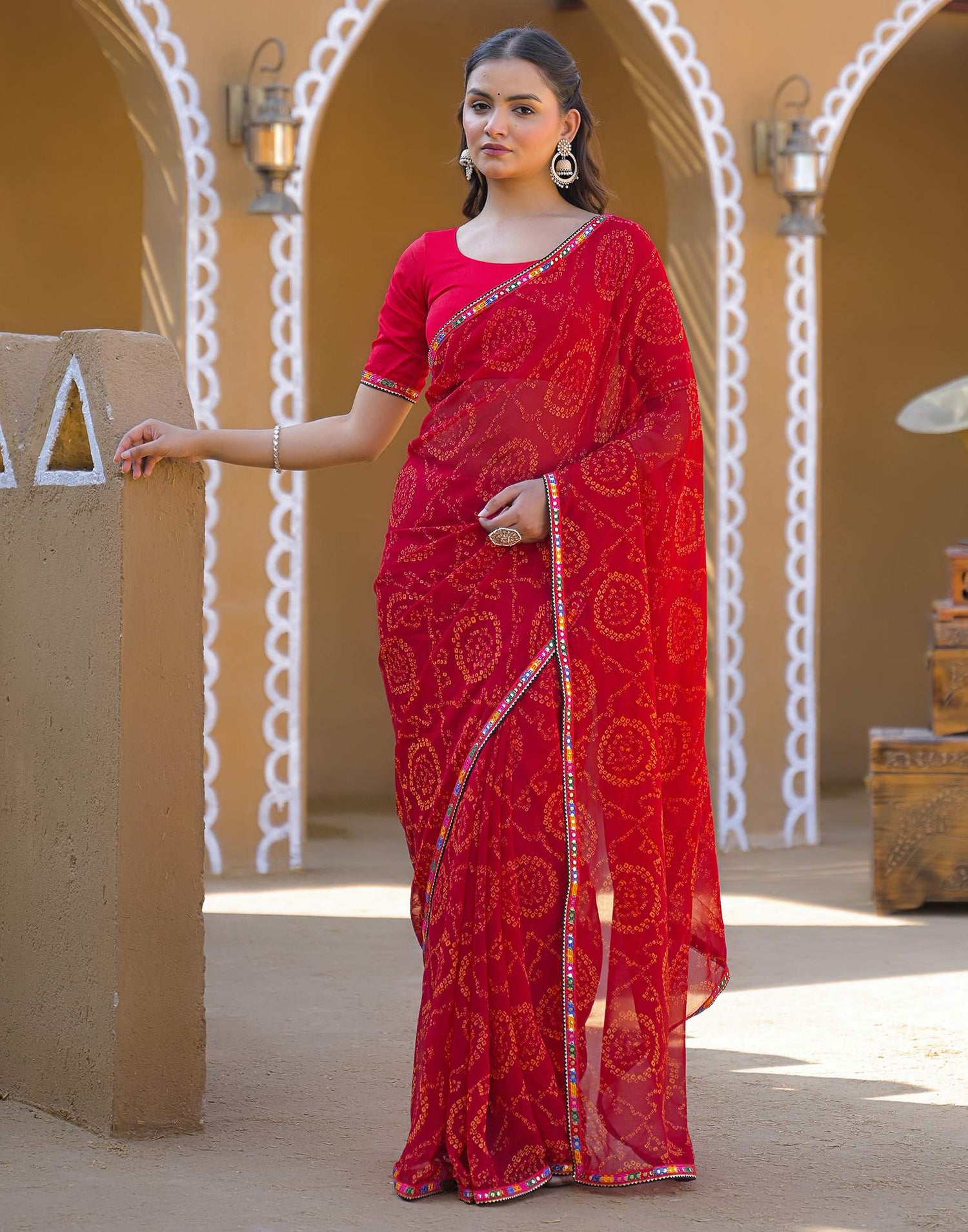 Maroon Georgette Printed Bandhani Saree