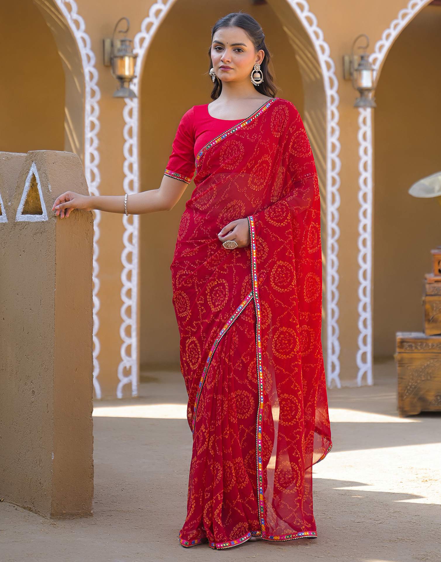 Maroon Georgette Printed Bandhani Saree