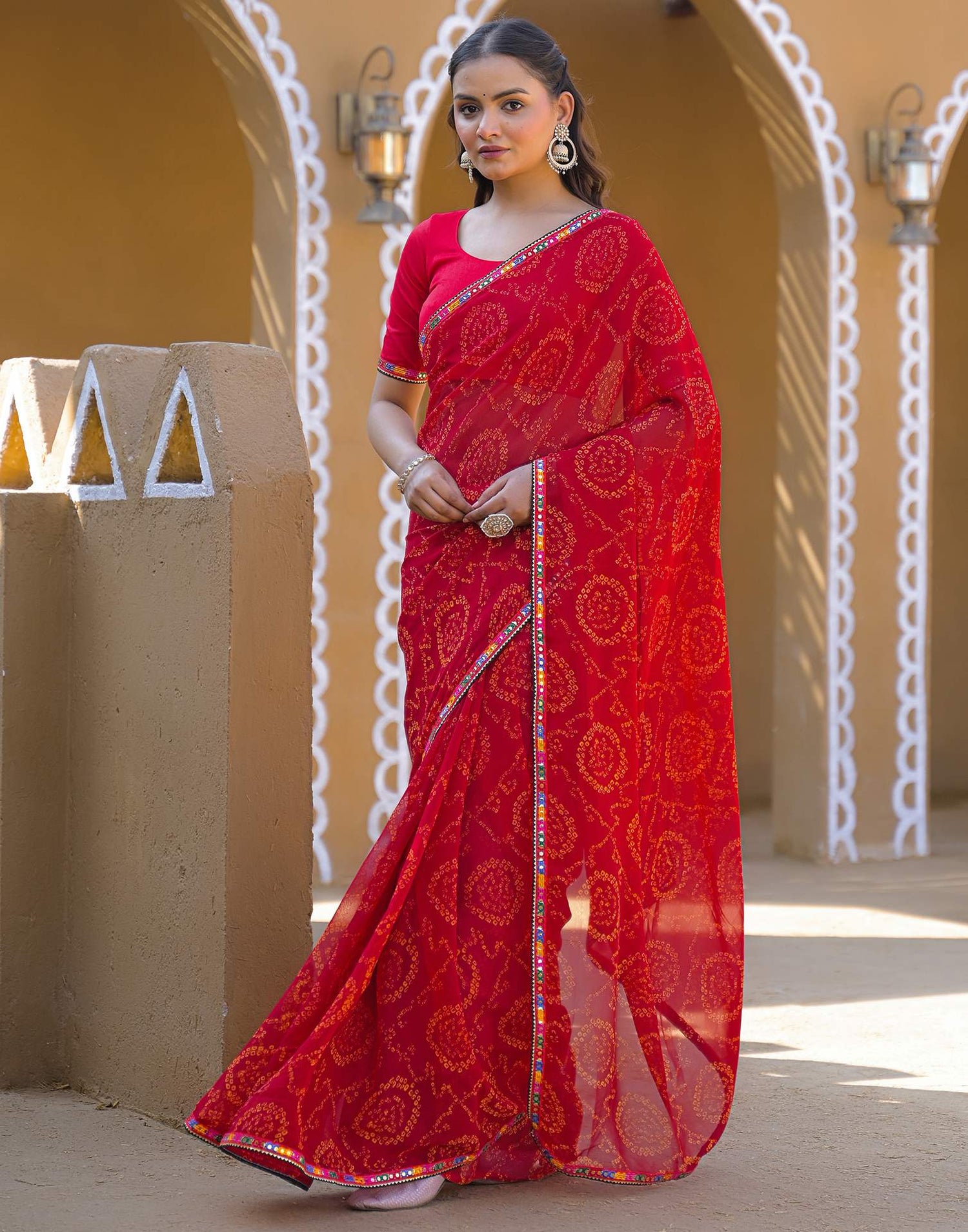 Maroon Georgette Printed Bandhani Saree