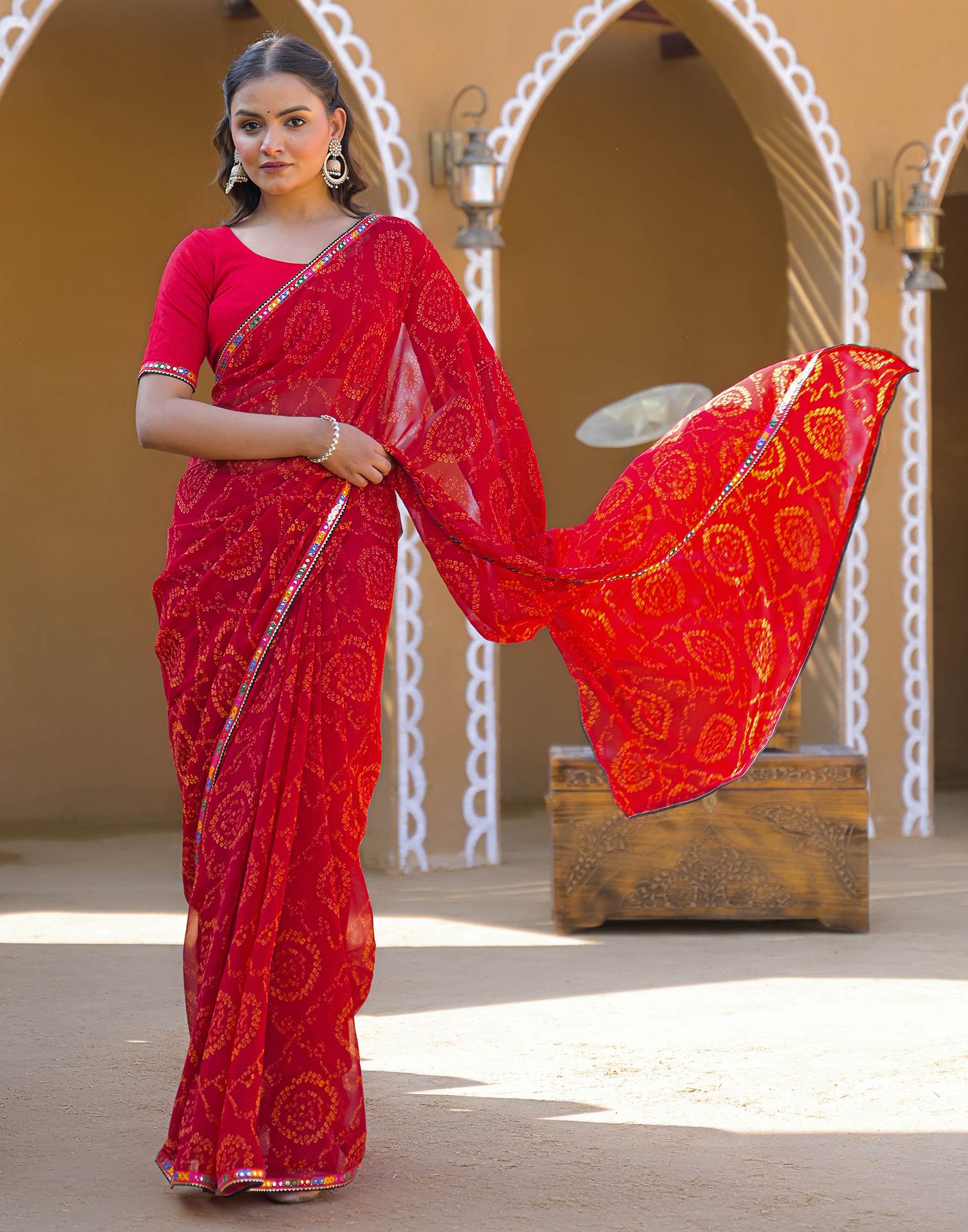 Maroon Georgette Printed Bandhani Saree