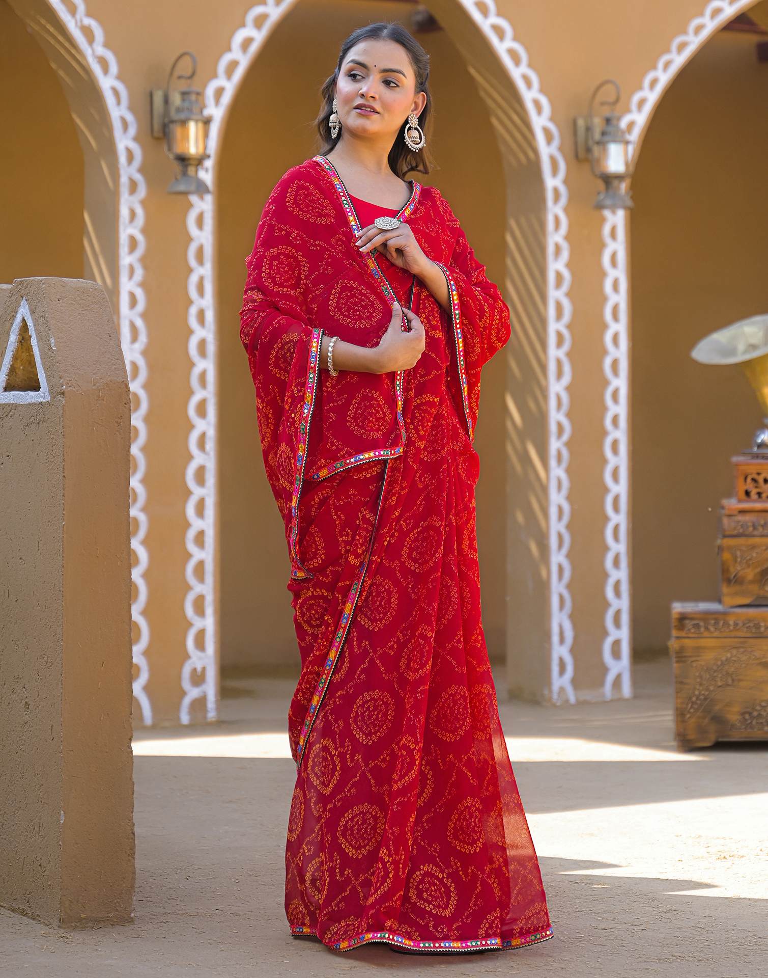 Maroon Georgette Printed Bandhani Saree