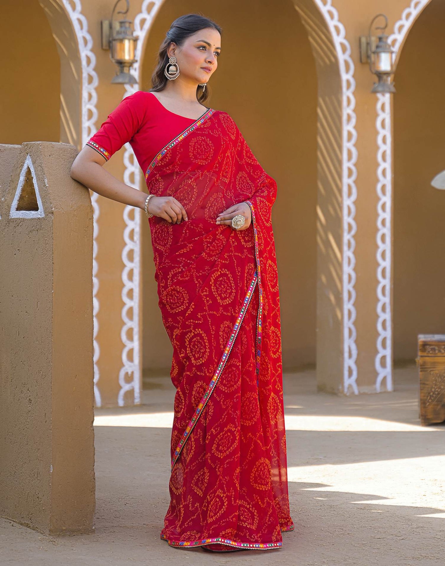 Maroon Georgette Printed Bandhani Saree