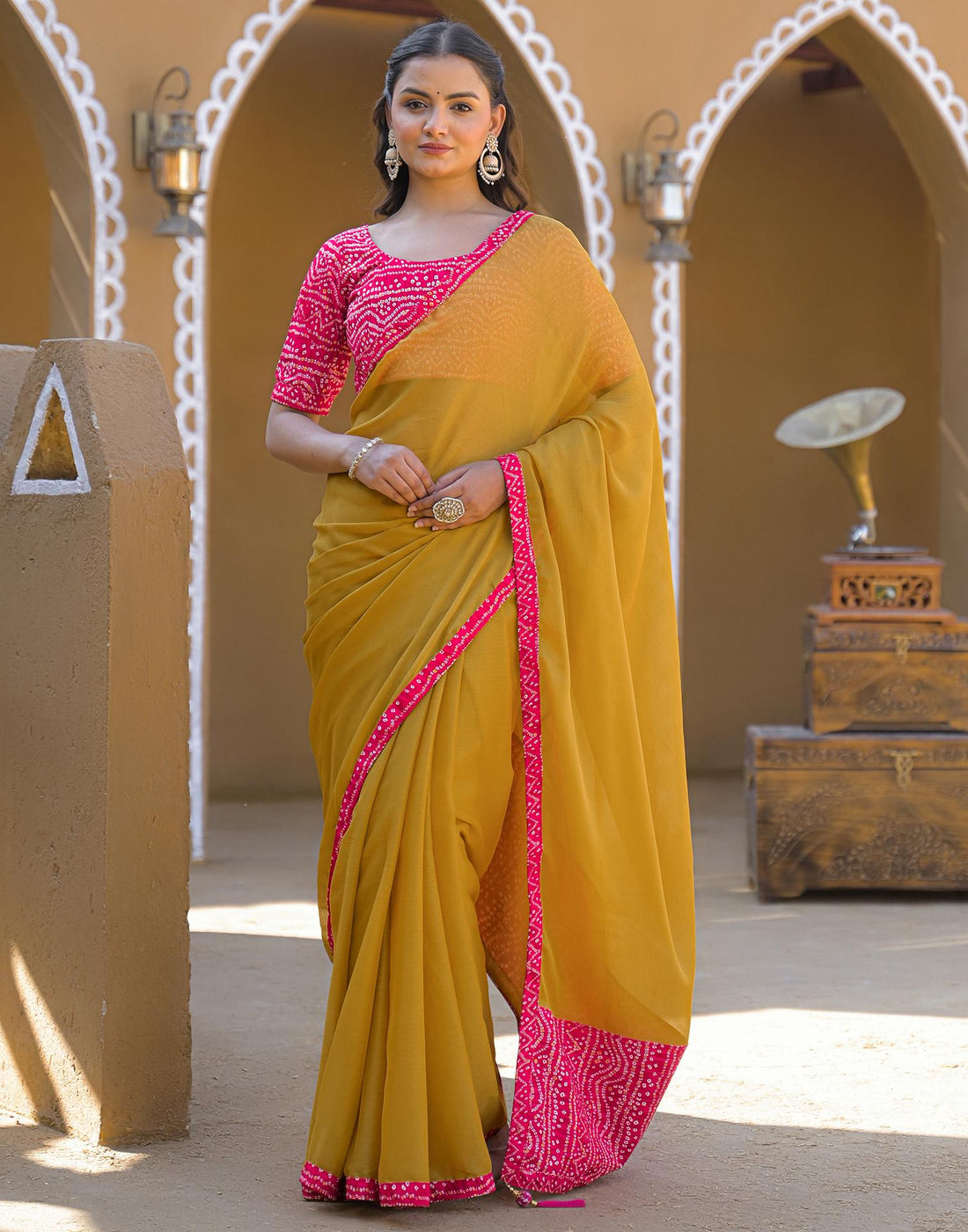 Mustard Yellow Chiffon Printed Lace Saree