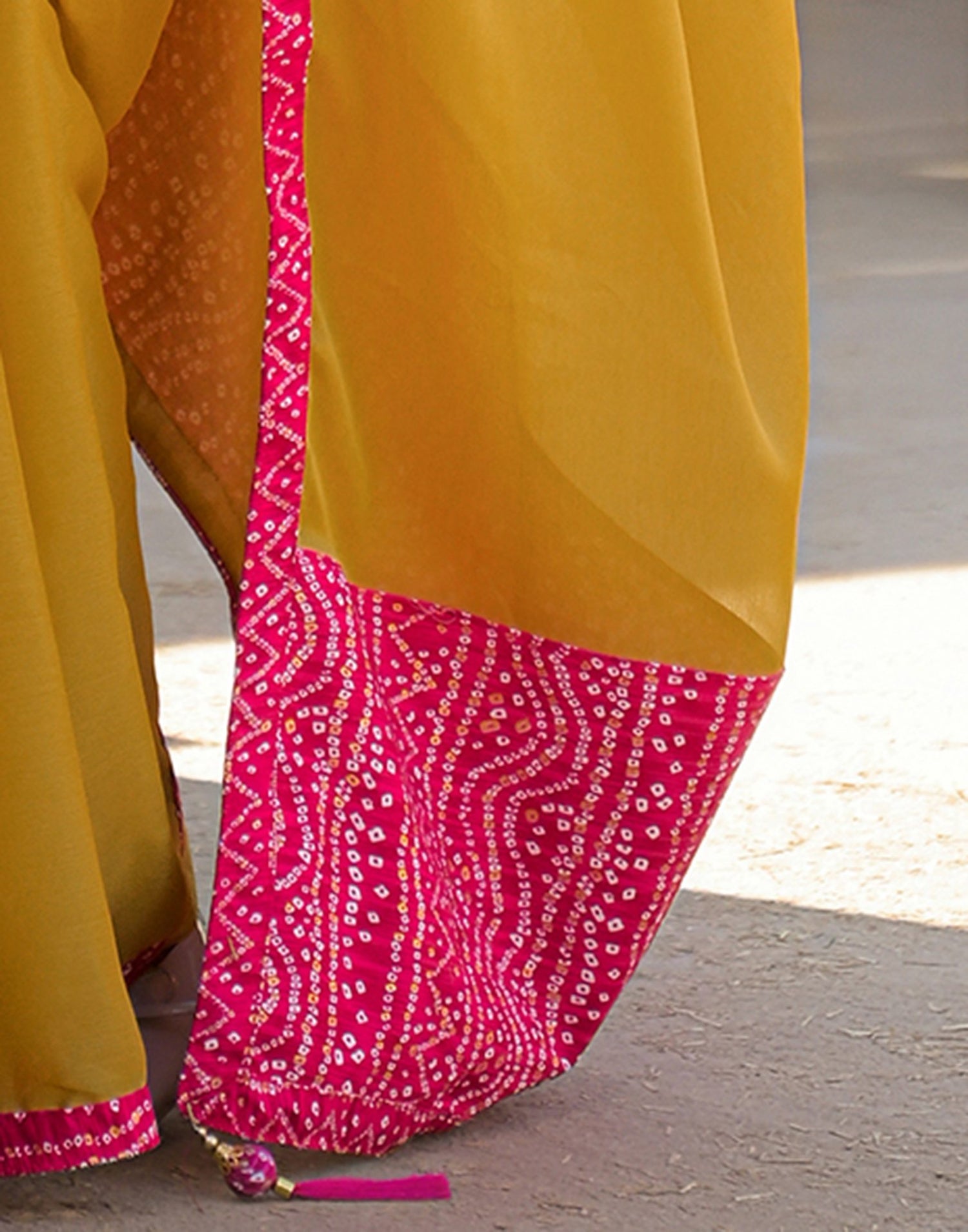 Mustard Yellow Chiffon Printed Lace Saree