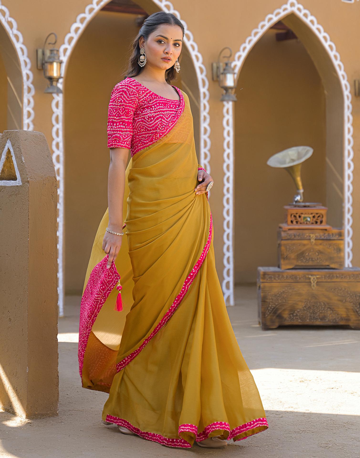 Mustard Yellow Chiffon Printed Lace Saree