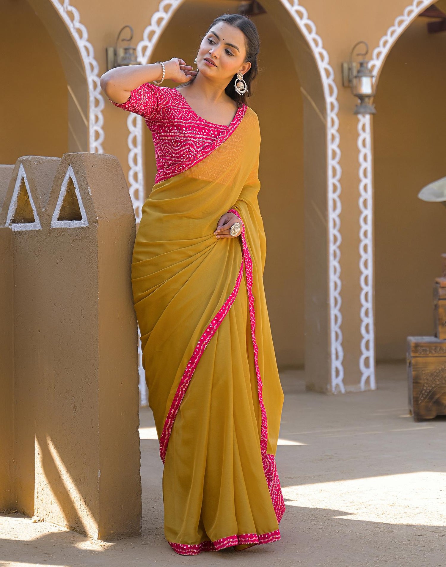 Mustard Yellow Chiffon Printed Lace Saree
