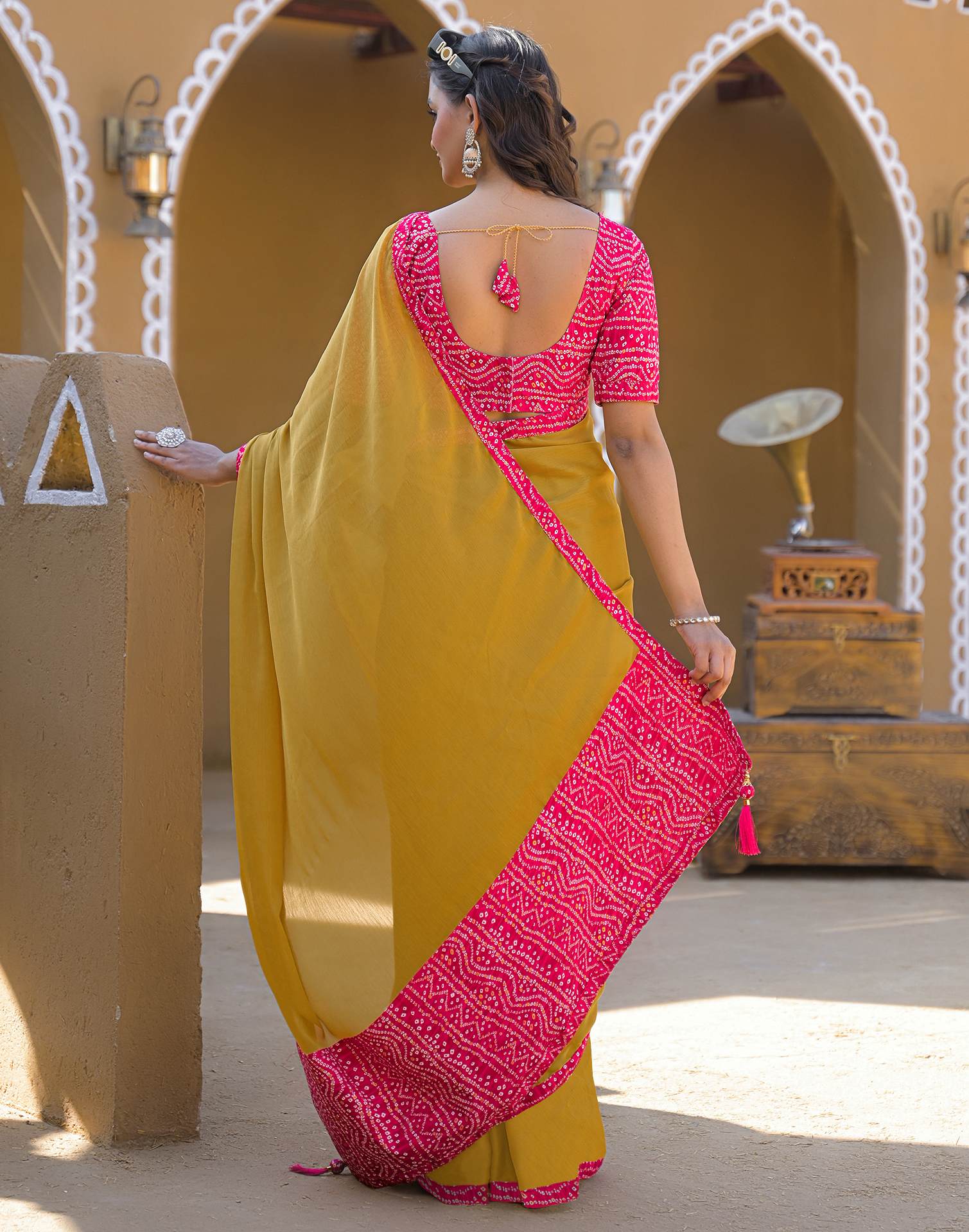 Mustard Yellow Chiffon Printed Lace Saree