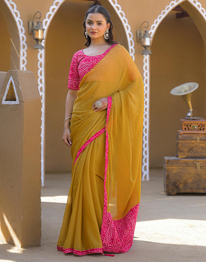 Mustard Yellow Chiffon Printed Lace Saree