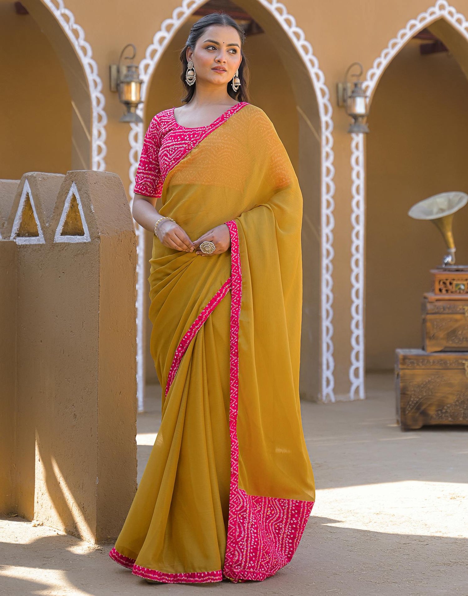 Mustard Yellow Chiffon Printed Lace Saree