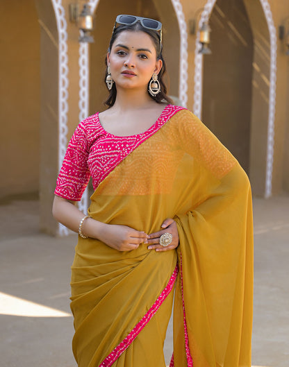 Mustard Yellow Chiffon Printed Lace Saree