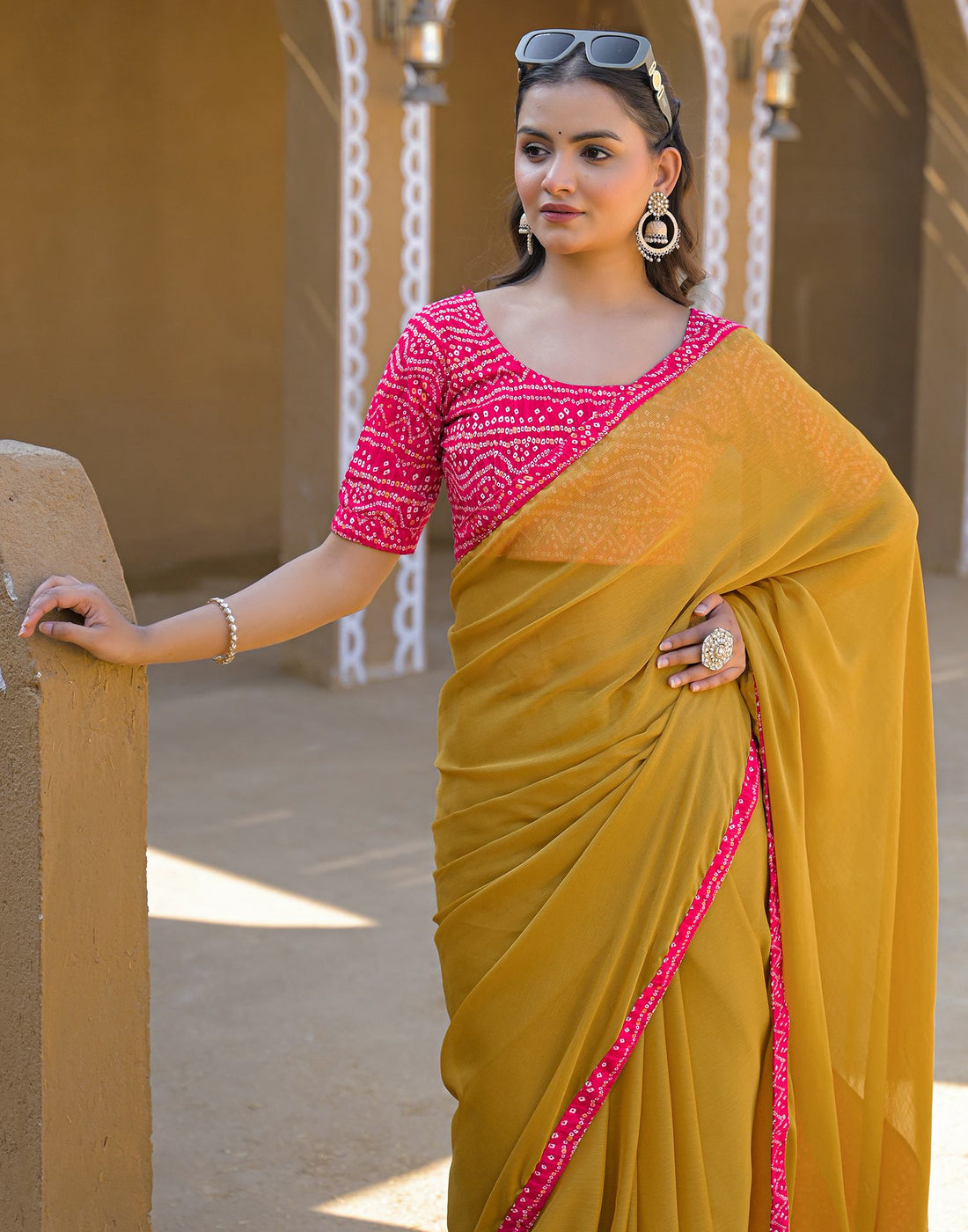 Mustard Yellow Chiffon Printed Lace Saree