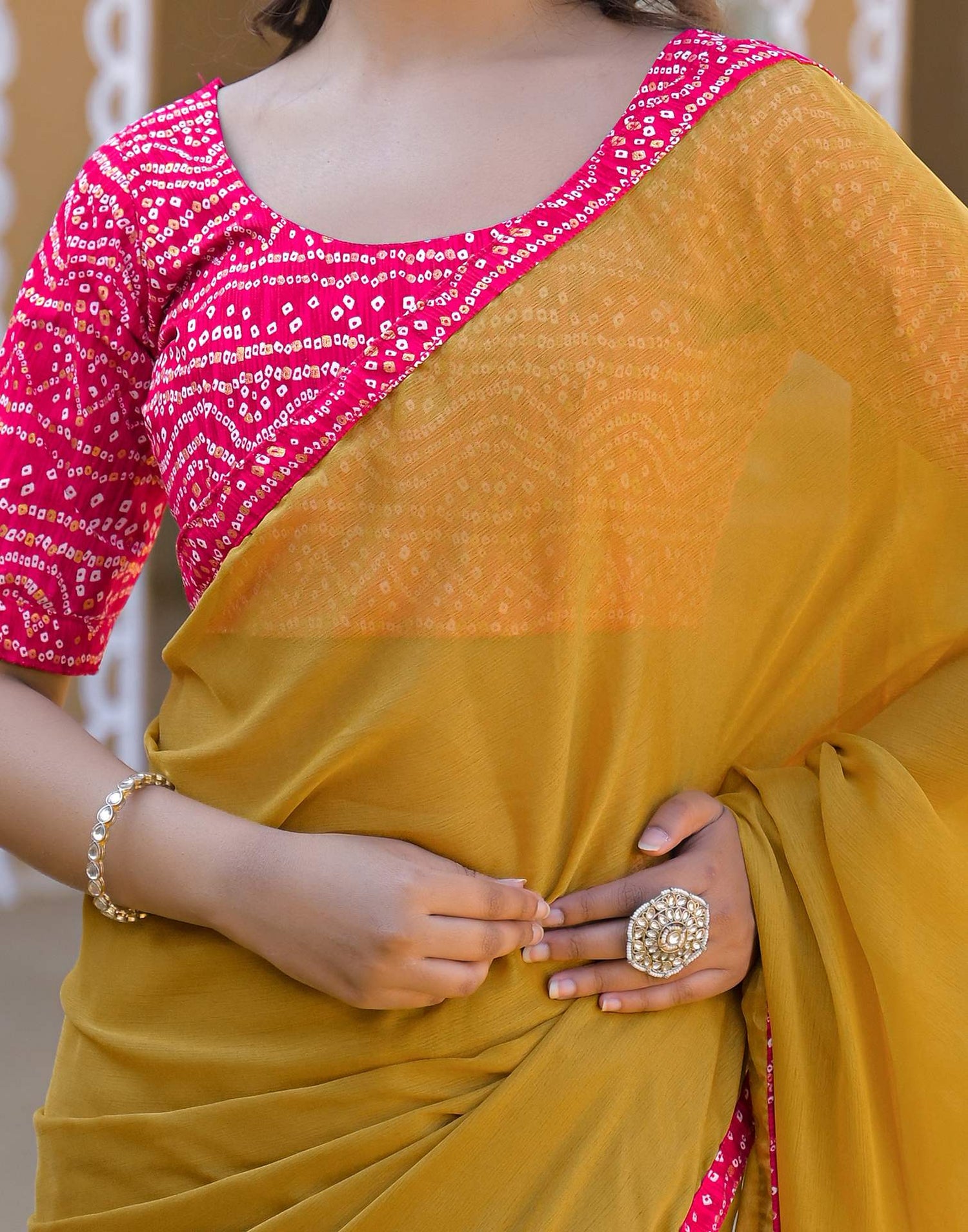 Mustard Yellow Chiffon Printed Lace Saree