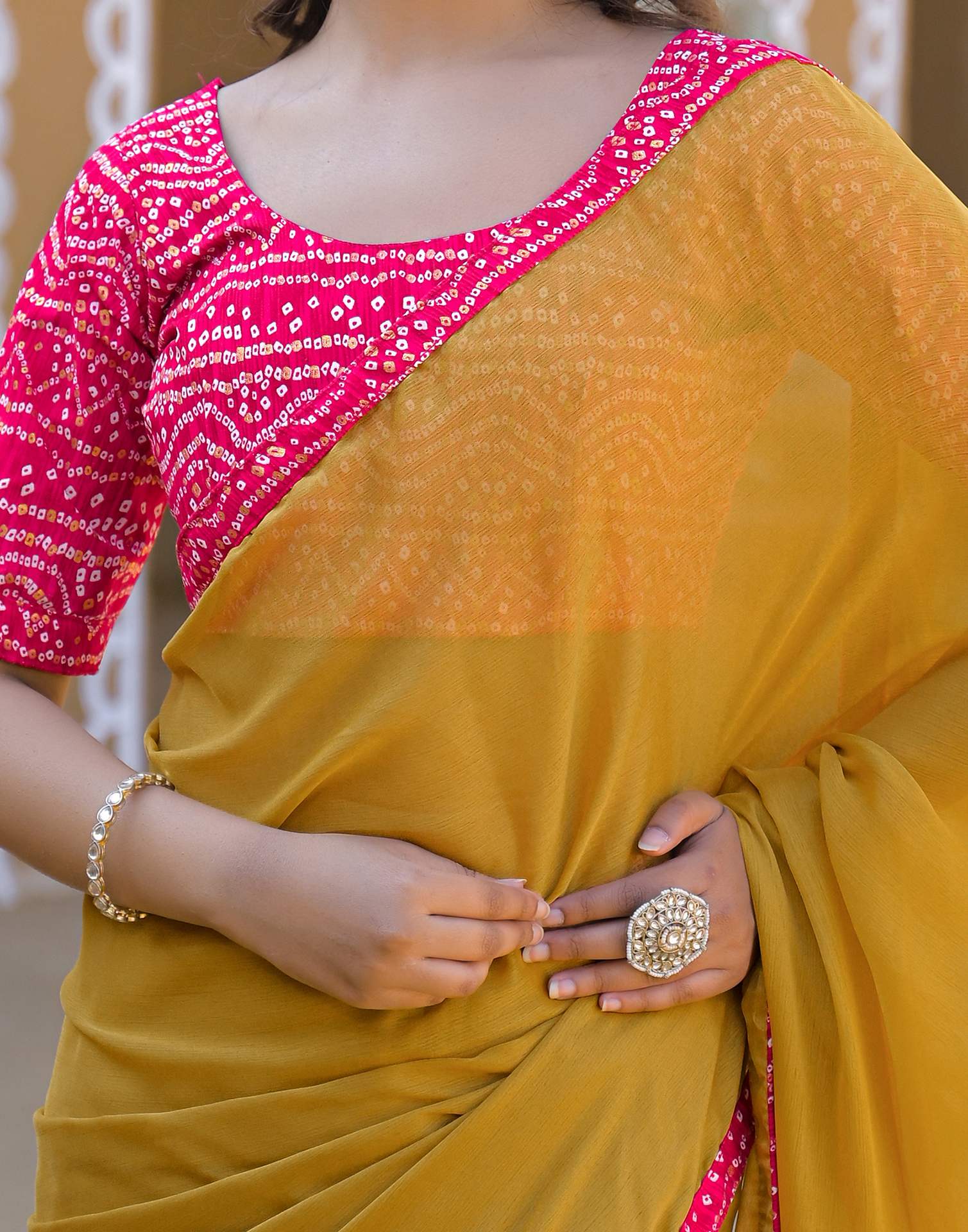 Mustard Yellow Chiffon Printed Lace Saree