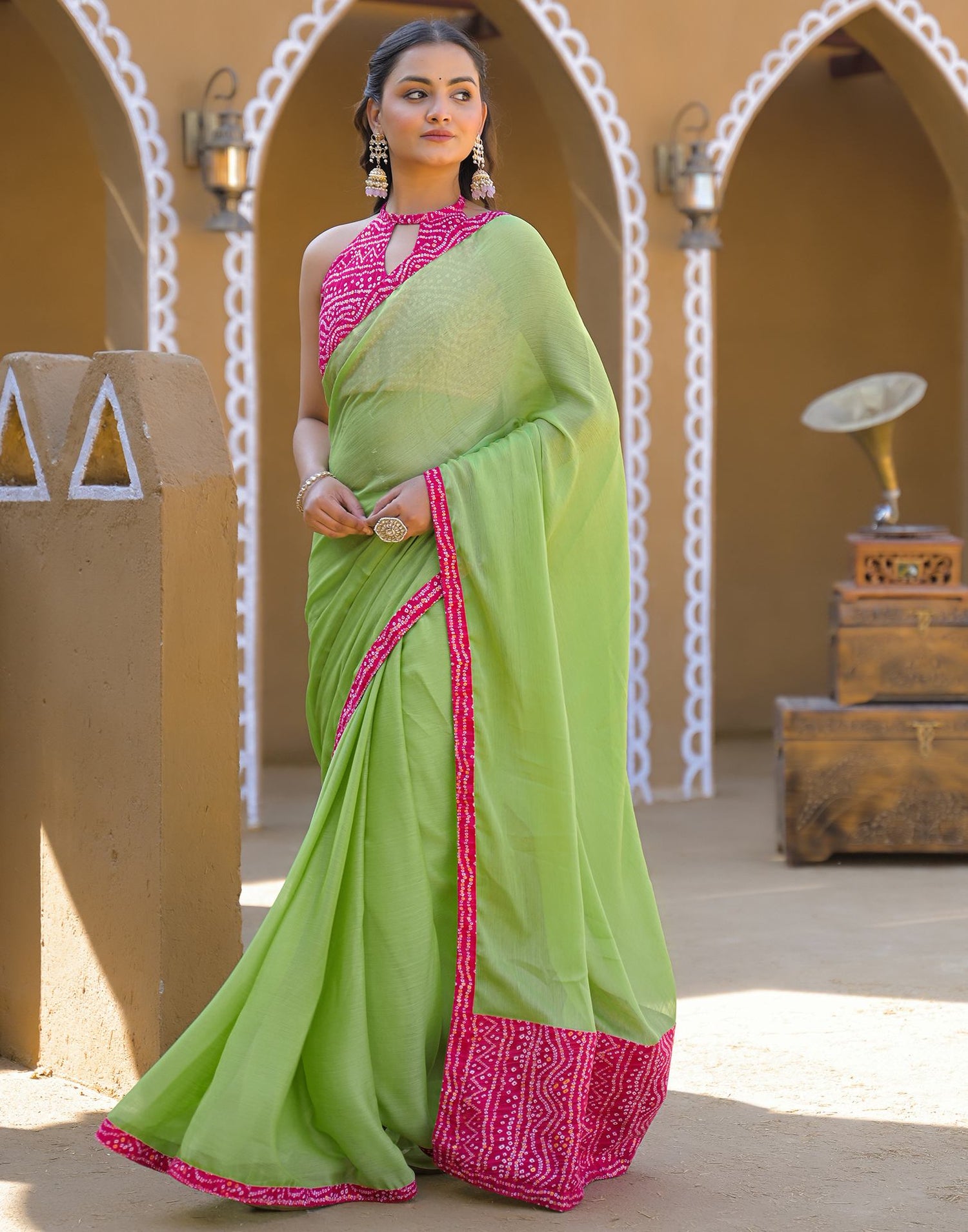 Light Green Chiffon Printed Lace Saree