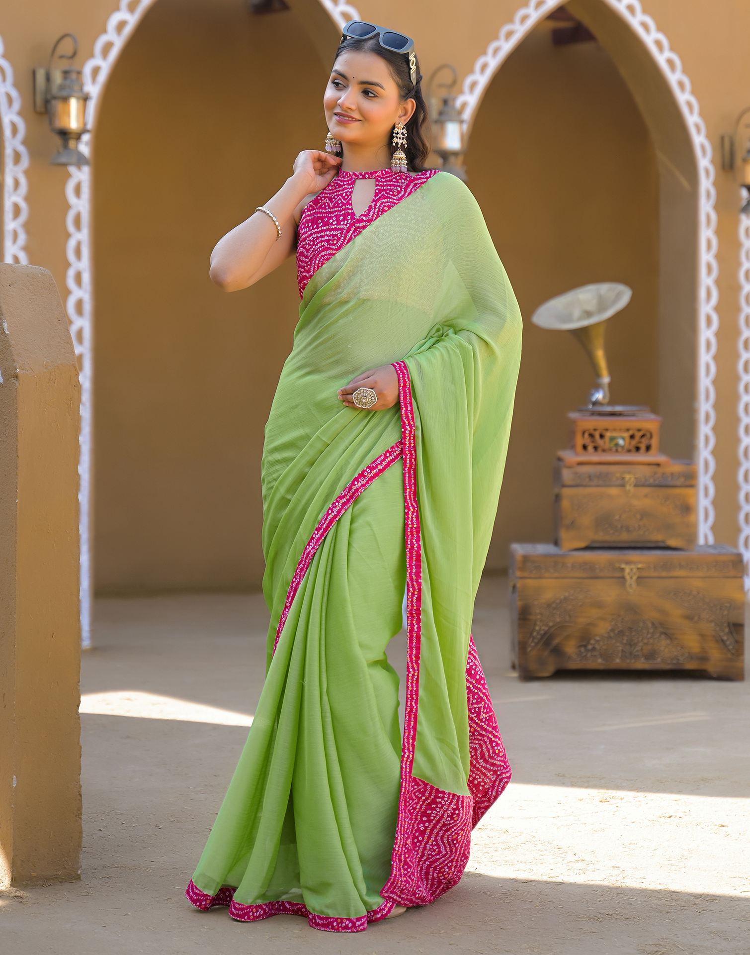 Light Green Chiffon Printed Lace Saree