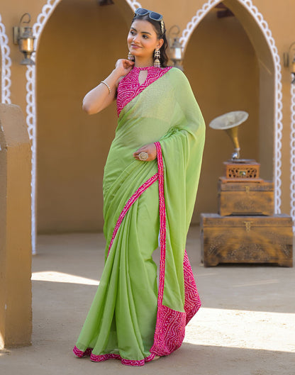 Light Green Chiffon Printed Lace Saree