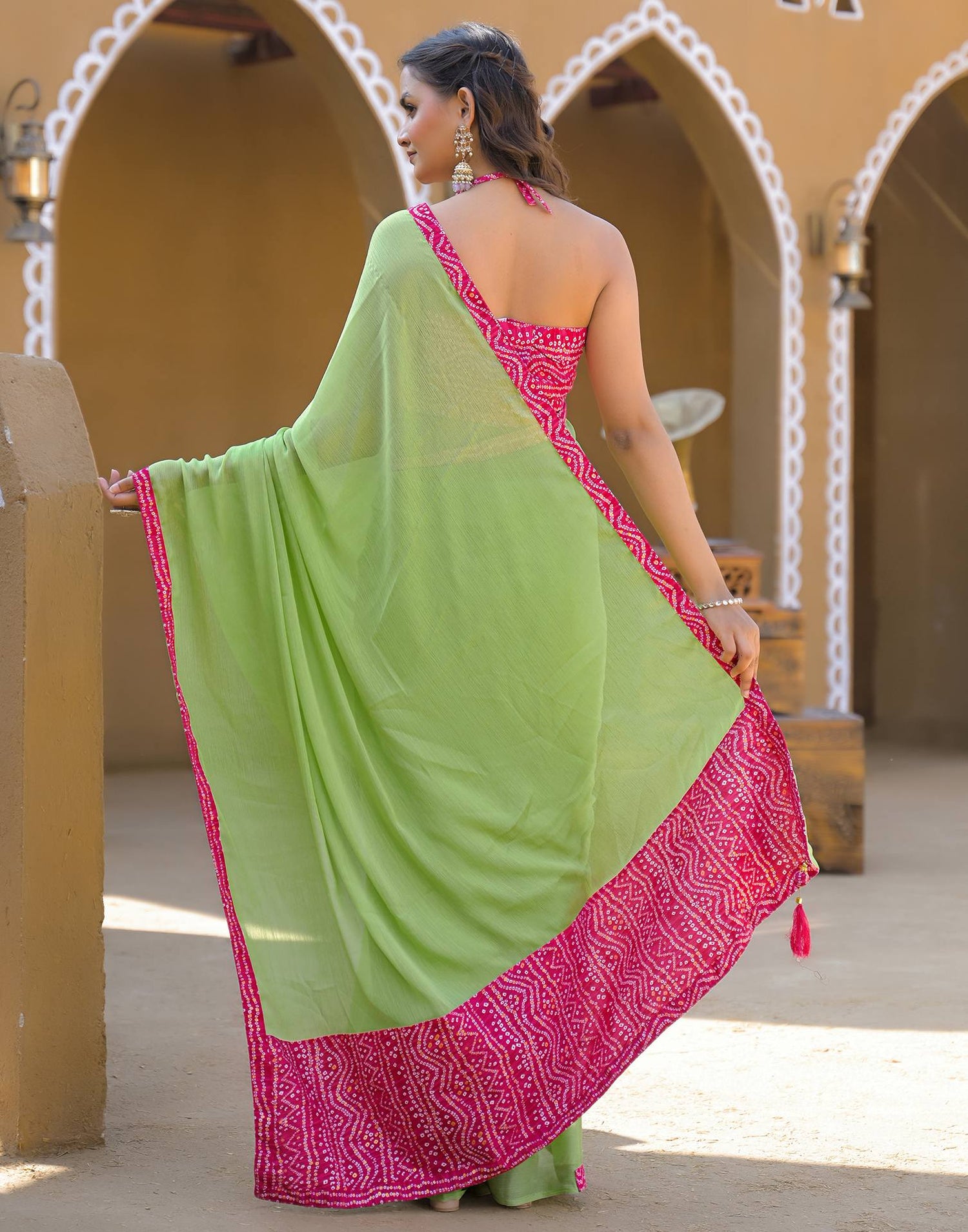 Light Green Chiffon Printed Lace Saree