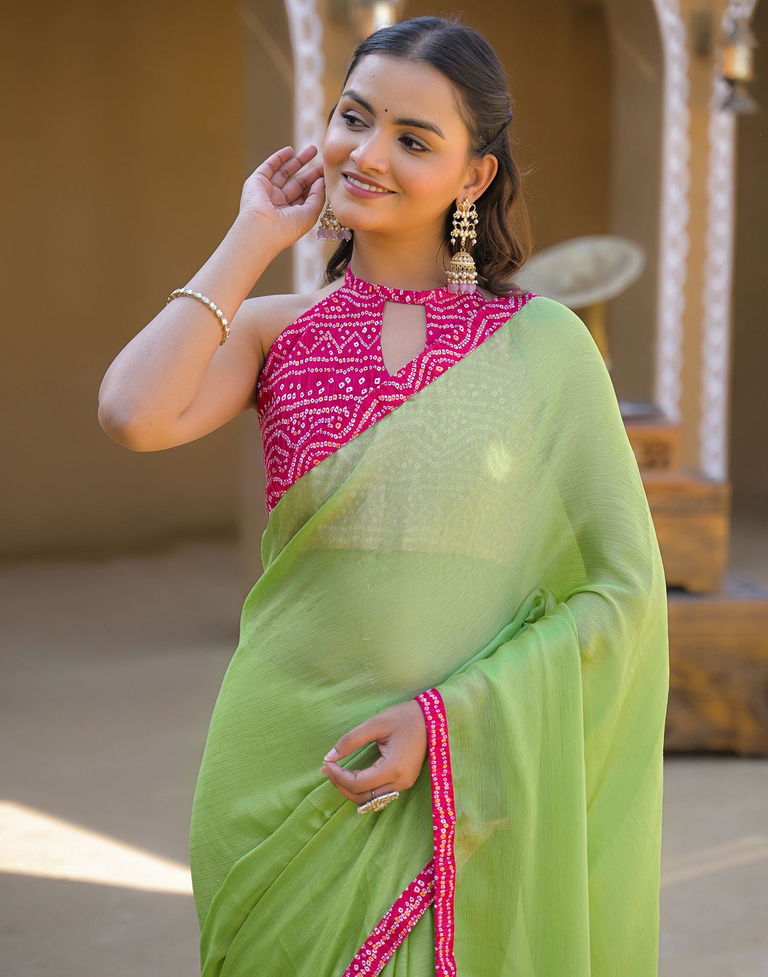 Light Green Chiffon Printed Lace Saree